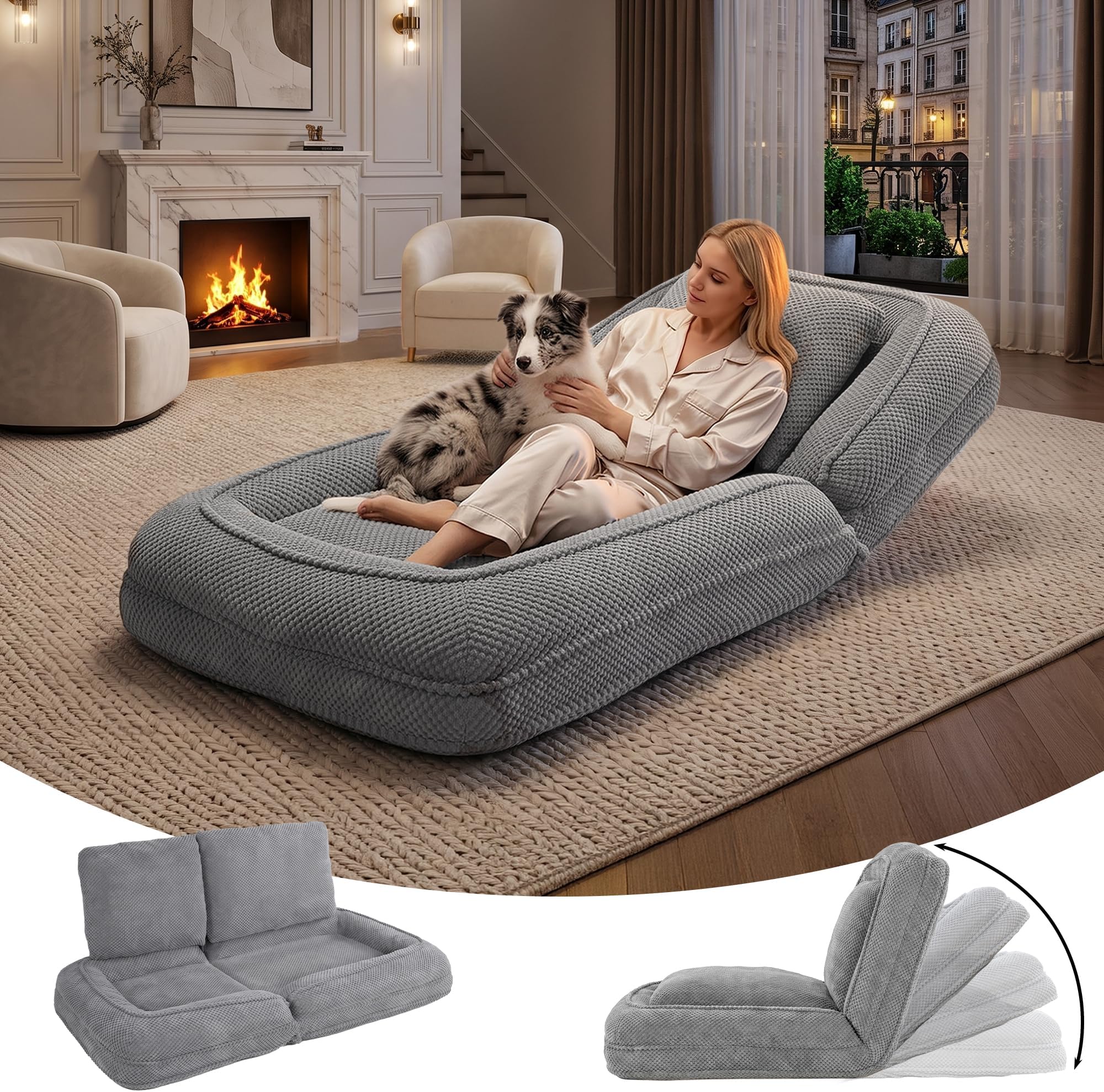 Human Dog Bed, Lazy Sofa Couch, Plush Floor Gaming Chair,5 Adjustable Position, sit, Sleep, fold, Suit to Put in Bedroom, Living Room,Space Saving Design (Gray)