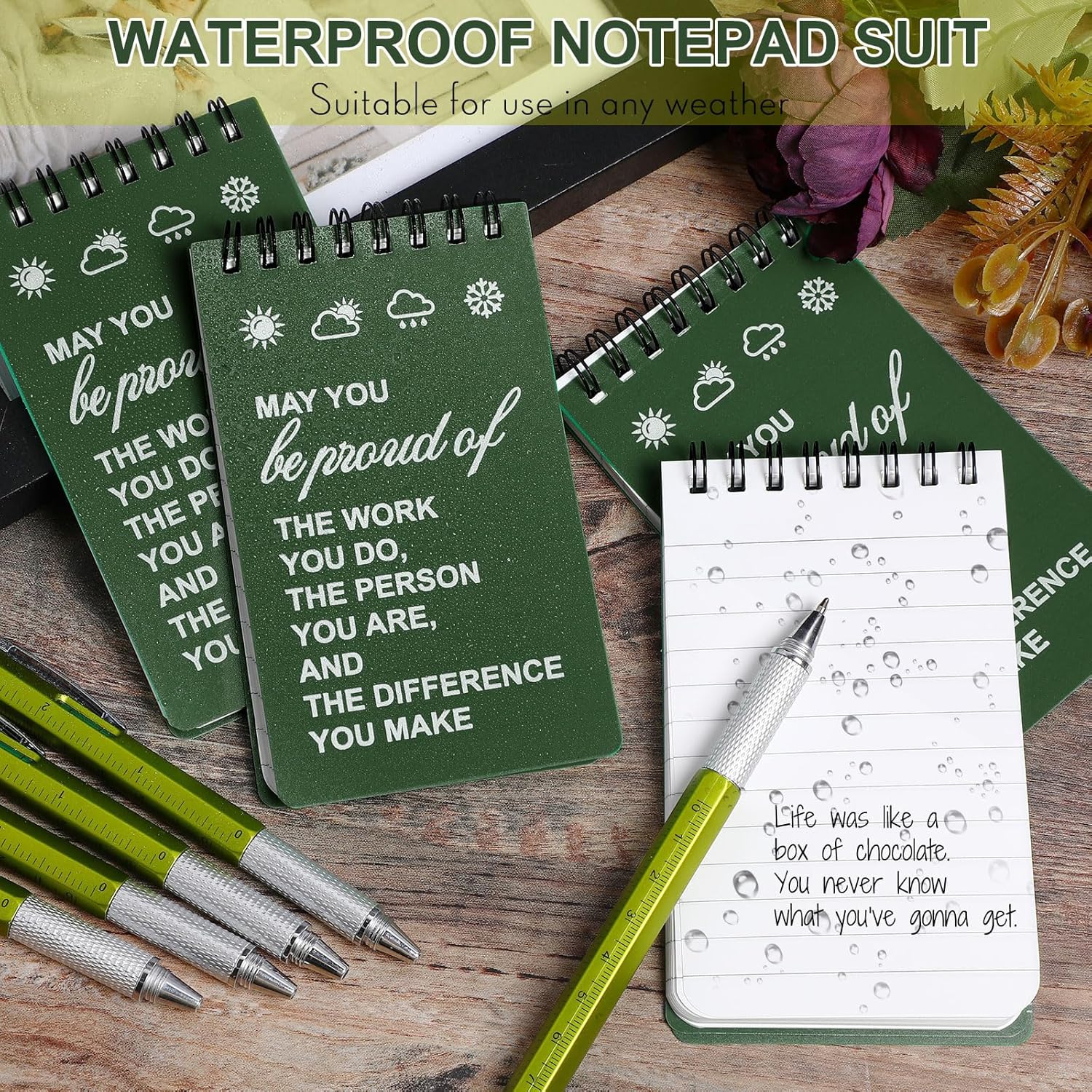 24 Pcs Waterproof Notebook with Multitool Pen Set Include 3 x 5 Top Spiral Pocket Notepad and Gift Tool Pen Back to School Supplies, Outdoor Activities Supplies Employee Appreciation Gifts(Dark Green)