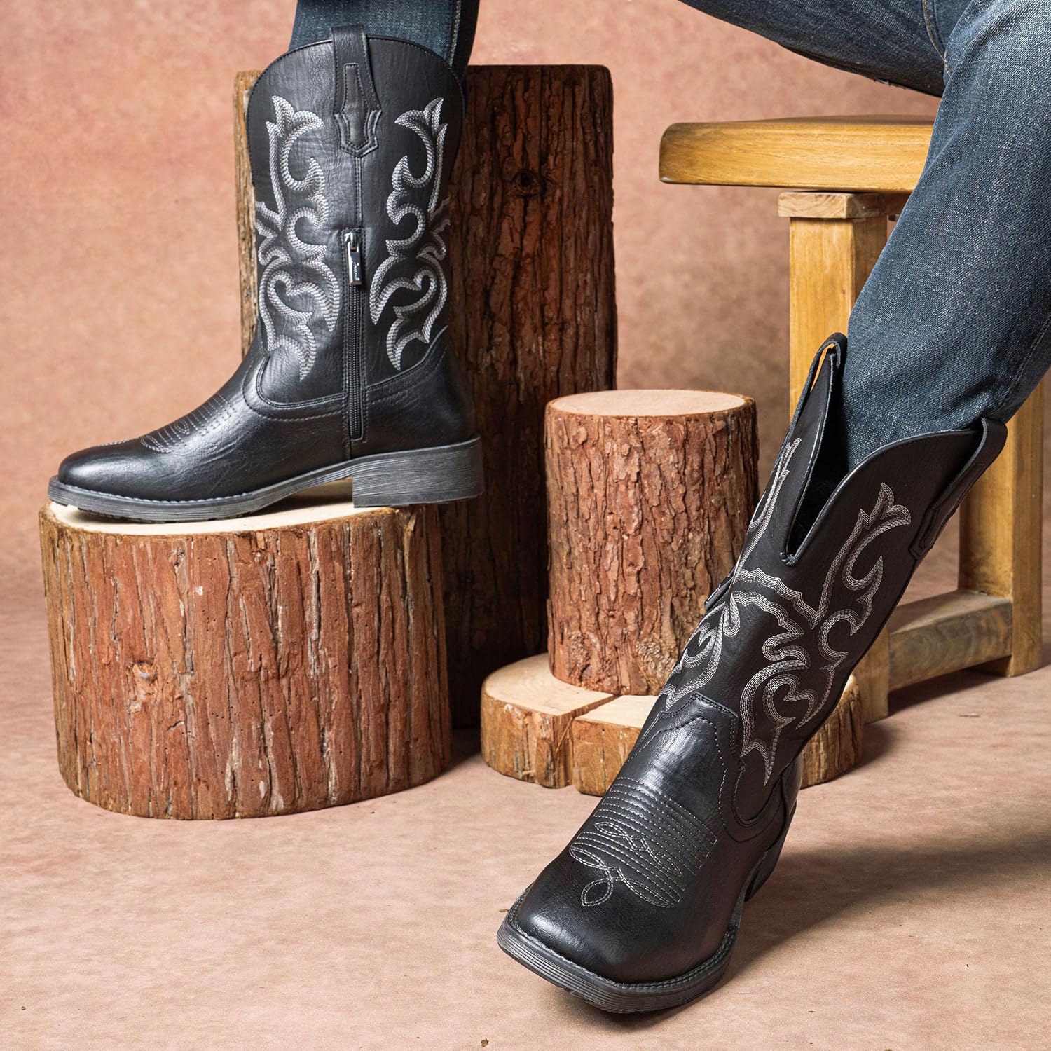 Jousen Cowboy Boots for Men - Western Boots Square Toe, Embroidered Detail & Easy Side Zipper | Slip-Resistant with All-Day Comfort - Image 2