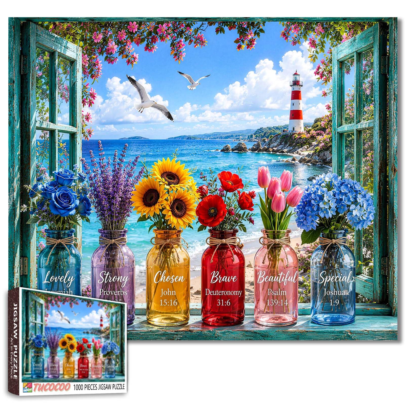 Coastal Lighthouse Puzzles 1000 Piece, Christian Bible Rustic Window Flower Art Puzzle for Adults Colorful Floral Seaside Inspired Artwork DIY Crafts Relaxing Jigsaw Puzzles for Home Decoration Gifts — image 1
