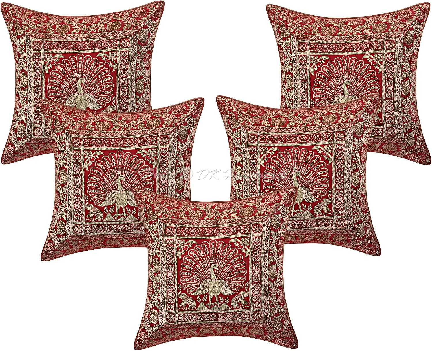 Decorative Throw Cushion Covers 16 x 16 Inch Brocade Jacquard Weave Indian Square Peacock Cushion Covers (Size - 40x40 cm ; Color: Burgundy Maroon & Gold) - Set of 5 Pcs (Cover Only)