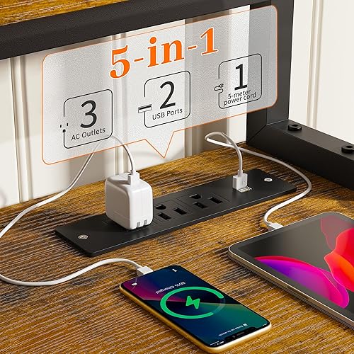 Miniatura 8 de EnHomee Escritorio de oficina de 57 pulgadas con cajones y espacio para impresora, escritorio de computadora con tomas de corriente, escritorios de