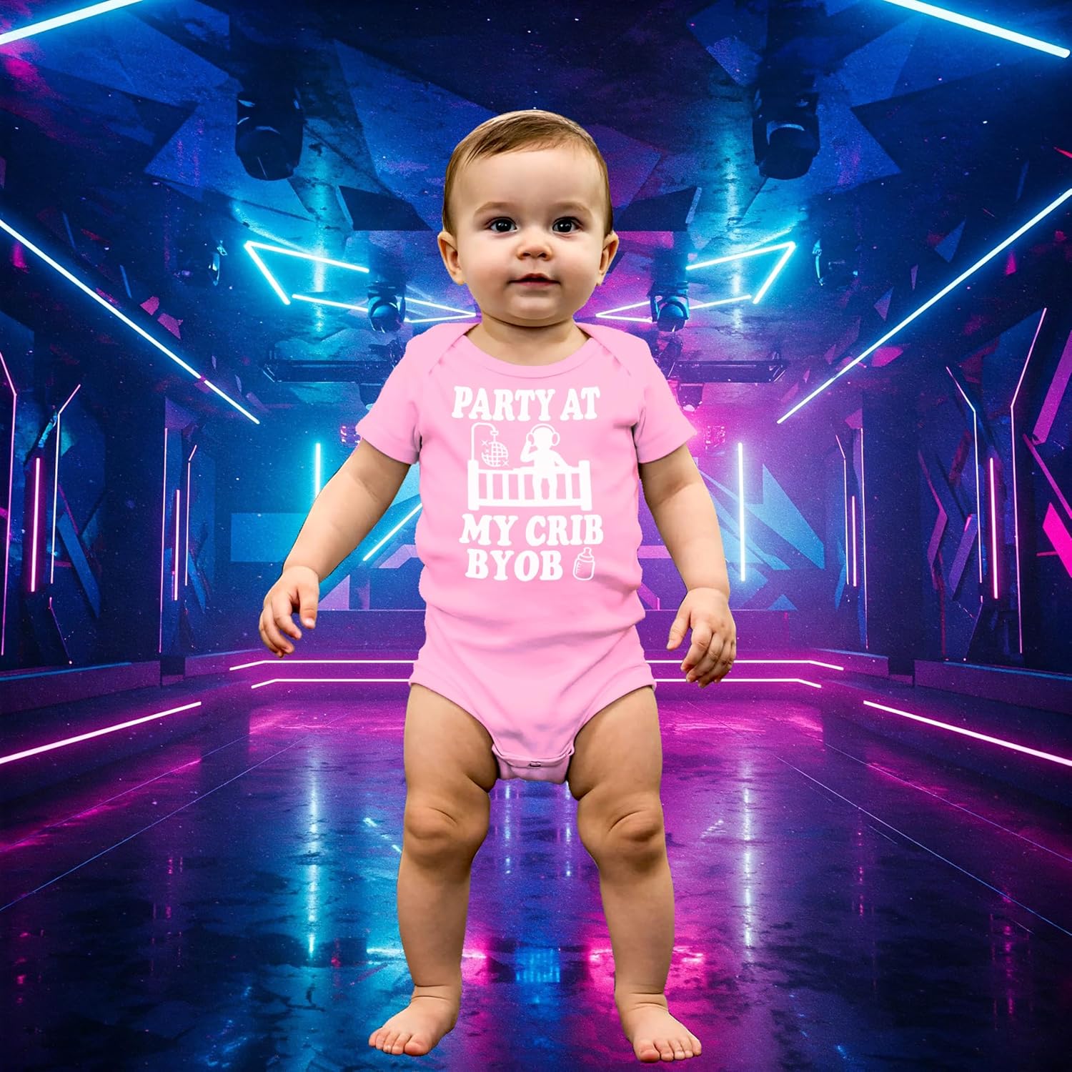 Reaxion Funny Cute Baby Boy Girl Party At My Crib Bodysuits | Handmade Clothes For Infant Newborns