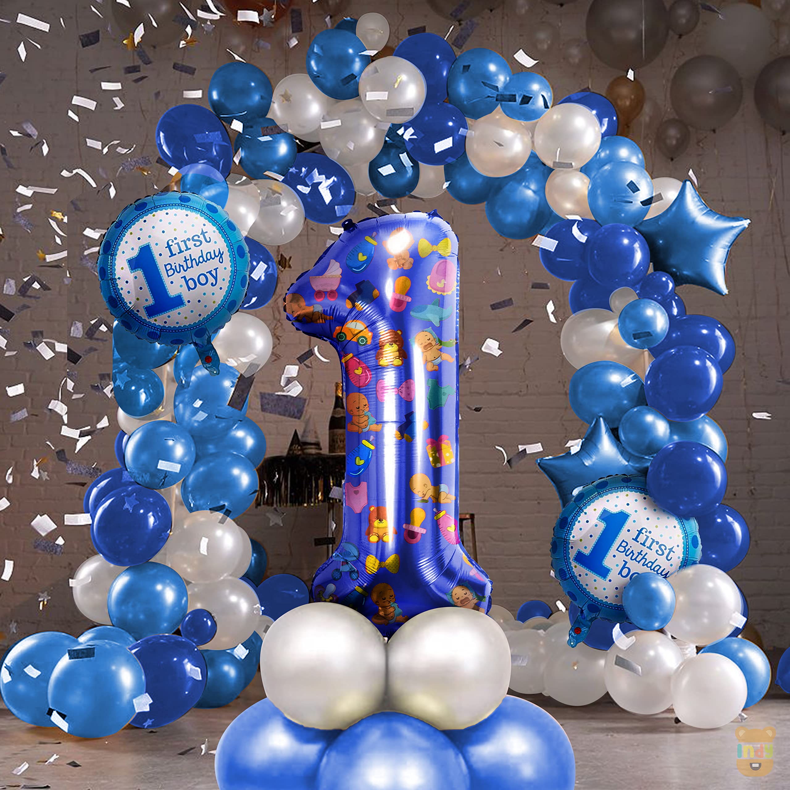 Just Party Set of 35 Pcs 1st First Birthday Decoration -1 Number Blue Foil Balloon, Blue Star Foil Balloons, Printed 1 First Birthday Boy Round Foil Balloons, White & Blue Metallic Balloons