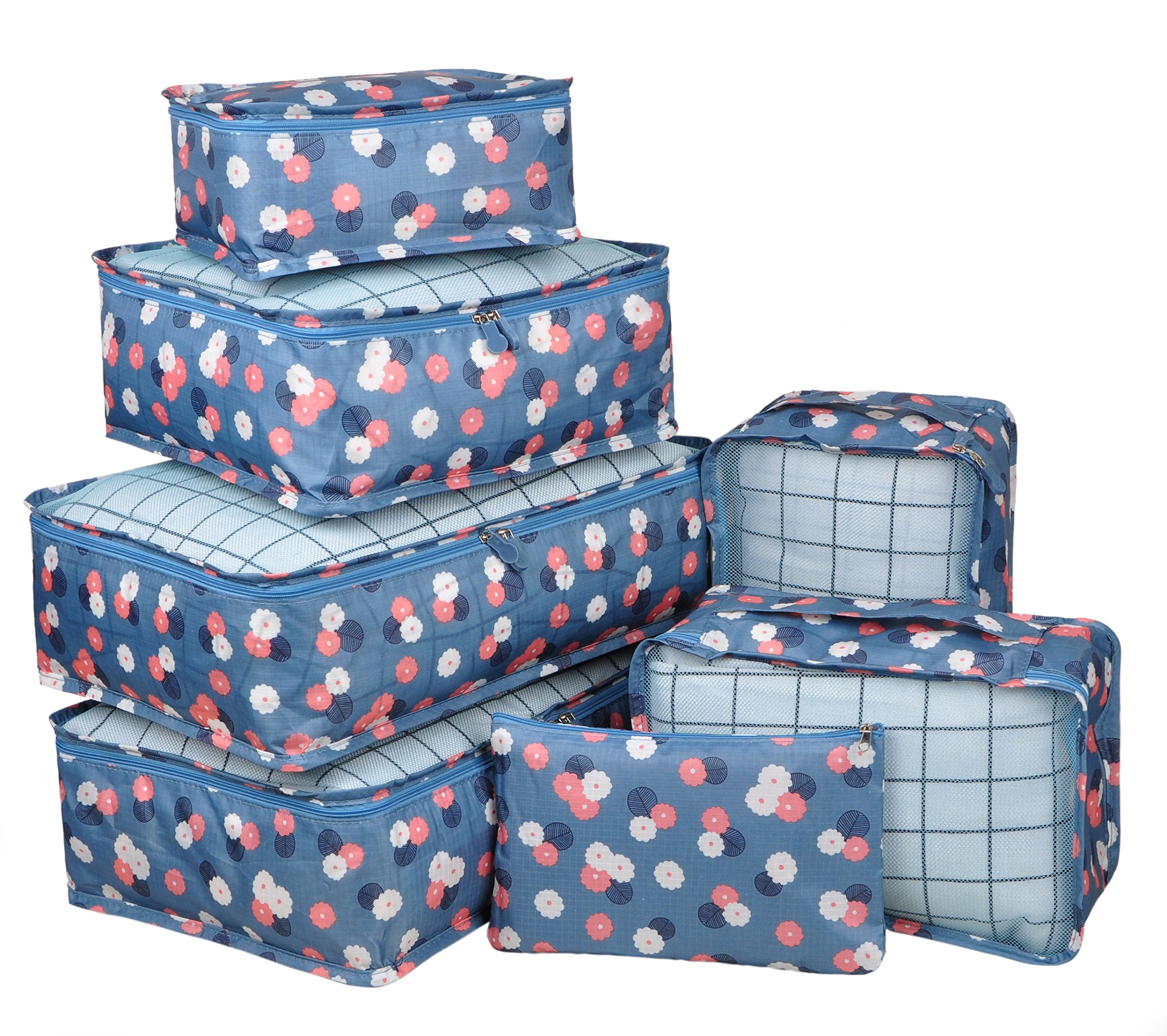 7 Set Travel Packing Organizers Cubes Luggage Suitcase Organizer Bags Clothes Underwear Cube Shoe Pouch Pack Blue Flower