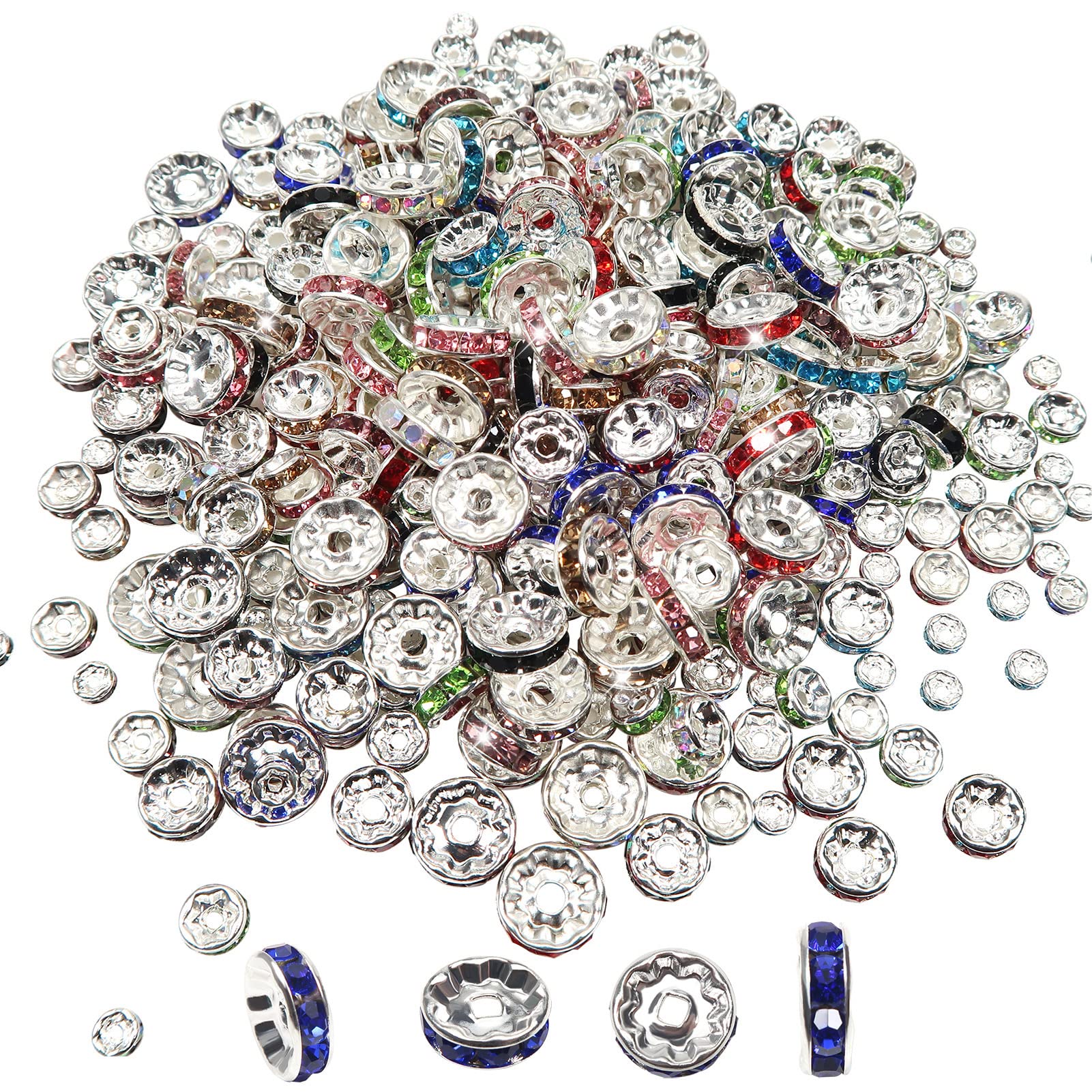 TOAOB 400pcs Rondelle Spacer Beads 4mm 6mm 8mm 10mm Silver Plated Crystal Rhinestone Loose Bead Assorted Colors Charm Spacer Bead Assortments for DIY Crafts Jewelry Making Necklace Bracelet