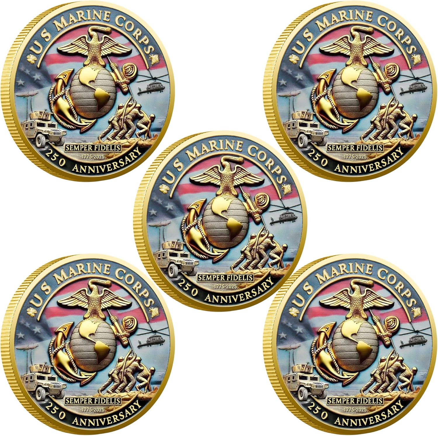 USMC 250th Anniversary Challenge Coin (1.57 Inch) – Double-Sided Collectible Military Coin for Veterans, Active Duty & Marine Corps Enthusiasts (5PCS)