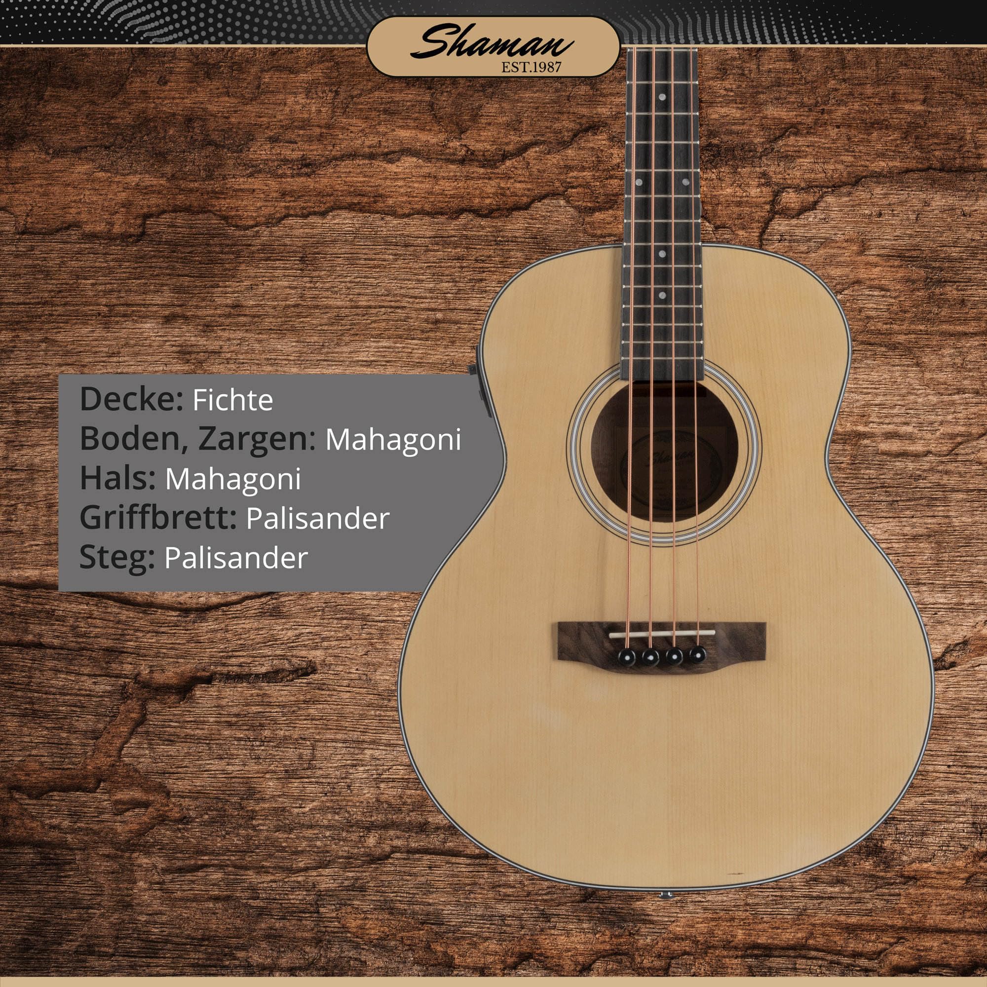 Shaman ABM4-50E-NT Akustik Bass 4-Saiter - kompakter Short-Scale Bass mit eingebautem Tonabnehmer, Piezo-Elektronik & Stimmgerät, Mahagoni & Fichte Korpus, ideal für Bühne & Zuhause - Natur