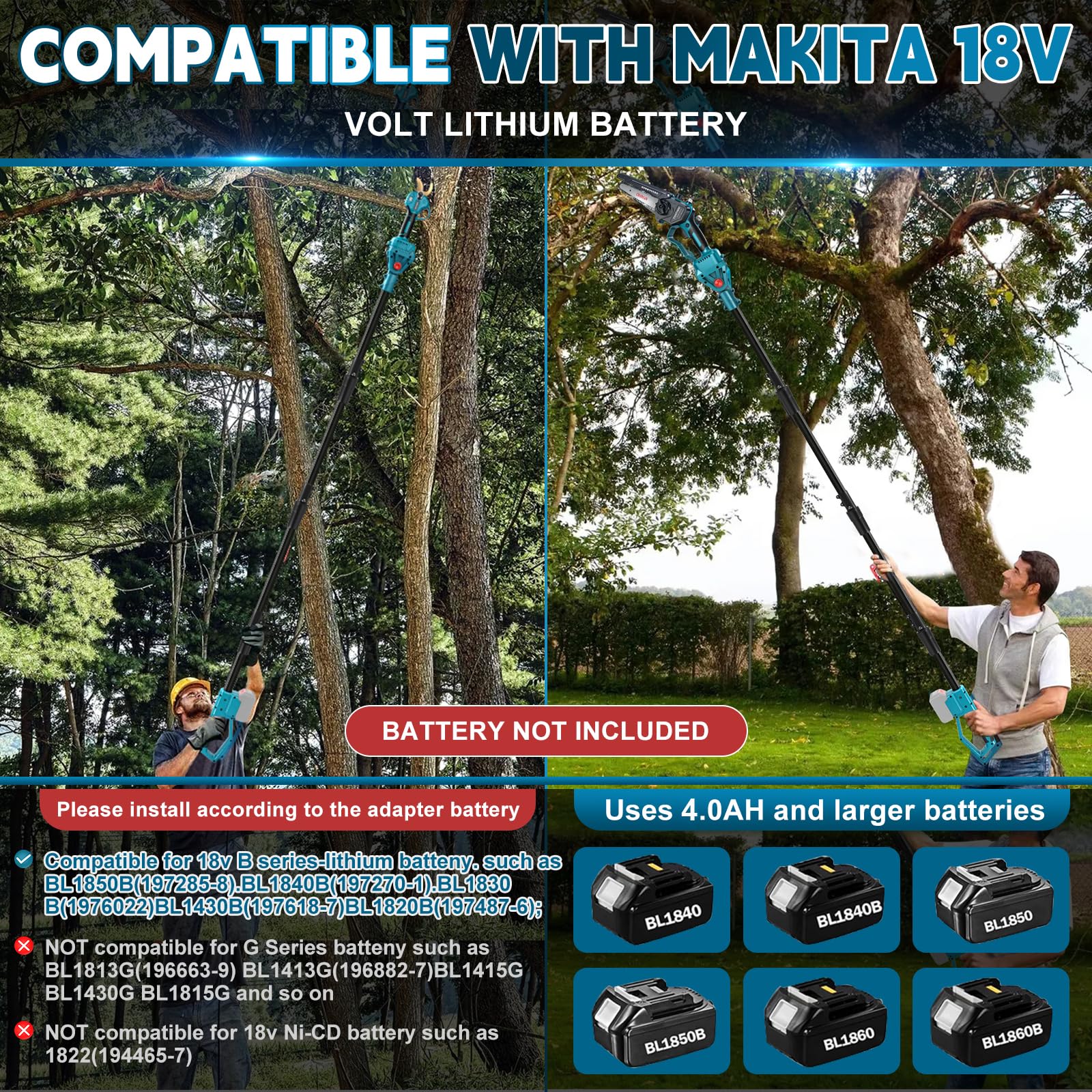 Akku Hochentaster Ast Kettensäge Profi Astsäge kompatibel mit Makita 18V (ohne Akku), 4 IN 1 Mini 6 zoll Akku Kettensäge und Astschere Teleskop Elektro teleskopsäge Arbeitshöhe bis 4,6m