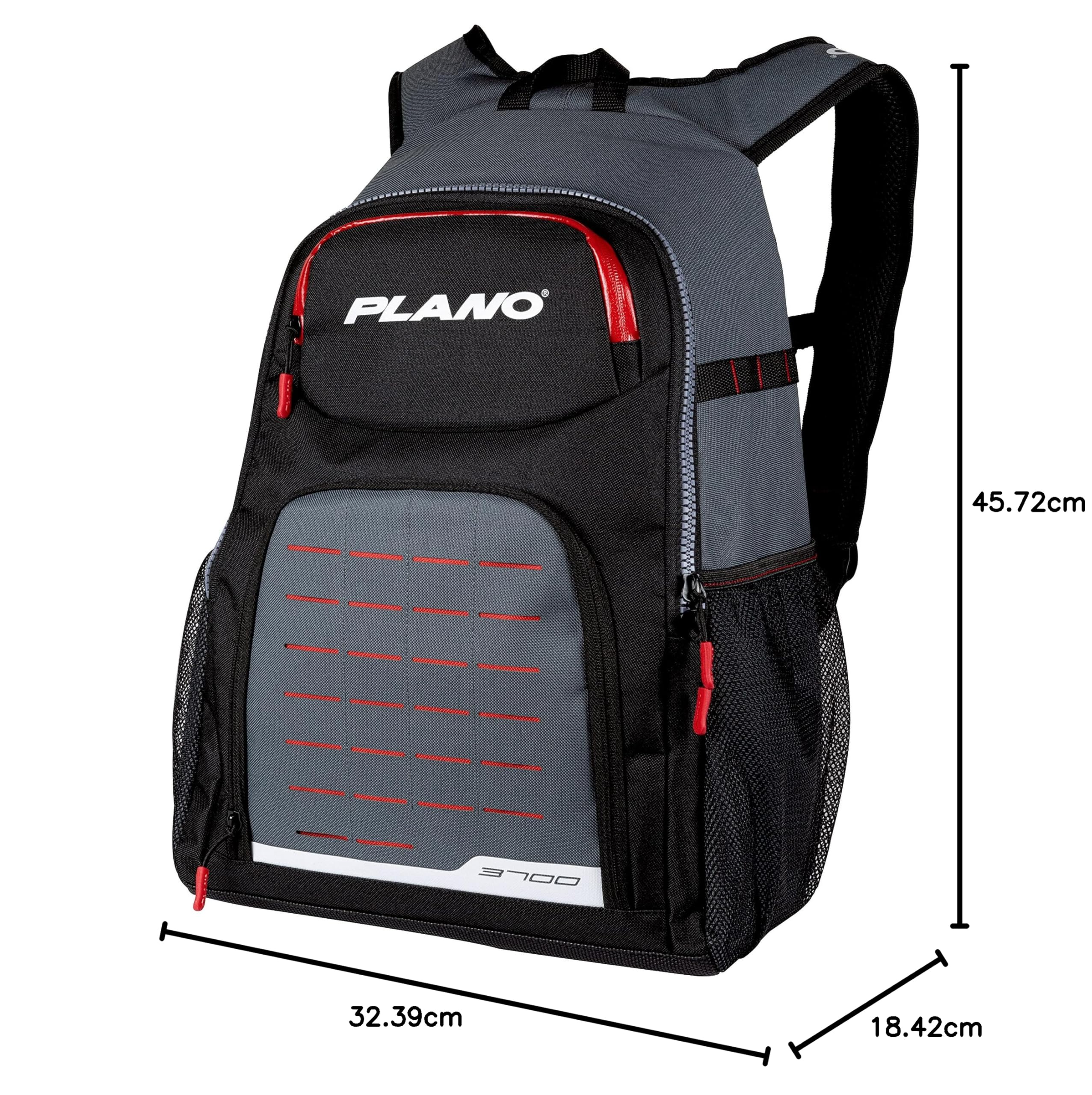 Plano Zaino serie Weekend 3700, grigio con accenti rossi, neri e bianchi, include 2 3700 scatole portaoggetti Stowaway, custodia per attrezzatura premium, borsa morbida per attrezzatura