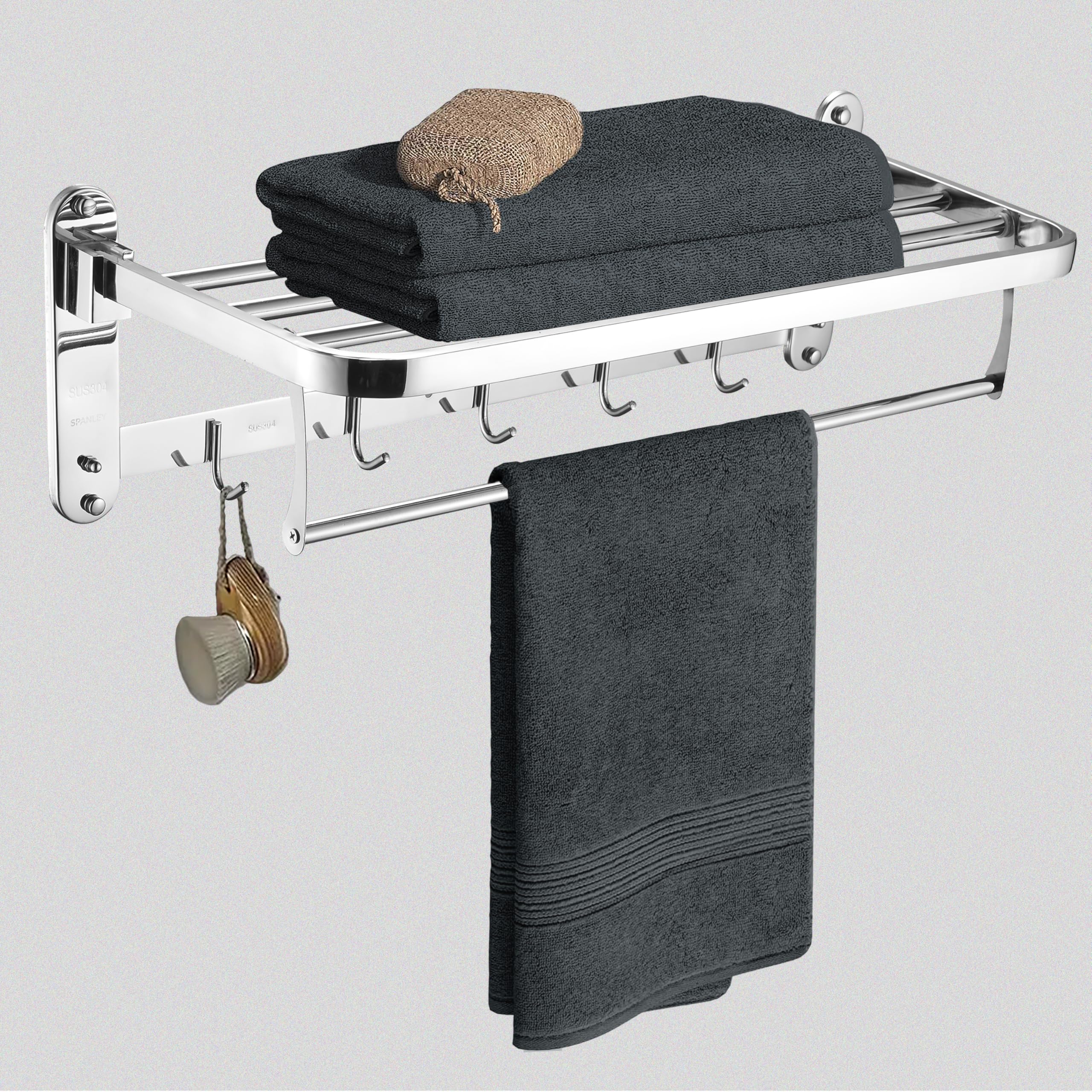 Spanley Towel Rack with a Double Towel bar and 5 Hooks, Wall Mounted with Foldable Towel Shelf, Rustproof SUS304 Stainless Steel, Towels, Bathrobes and Shower Caddies in Kitchens and bathrooms, Shiny