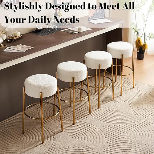 Miniatura 2 de Juego de 2 taburetes de bar redondos tapizados de tela de peluche, sillas de bar de comedor, taburetes de bar con patas de metal dorado y reposapiés