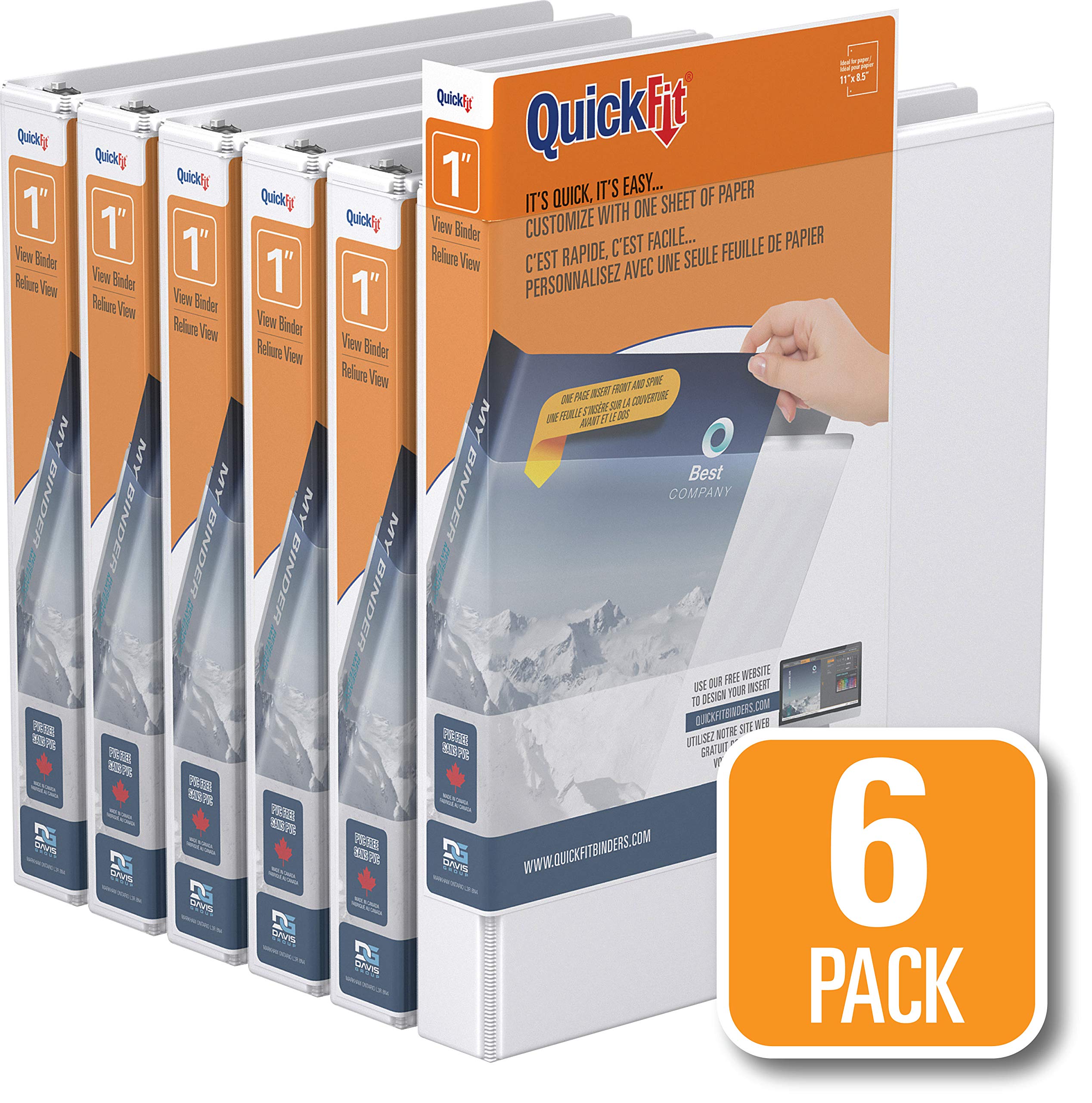 QuickFitView Binder, 3-Ring Binder, Angle D Ring, 1 Inch, White, Pack of 6 (87010-06)
