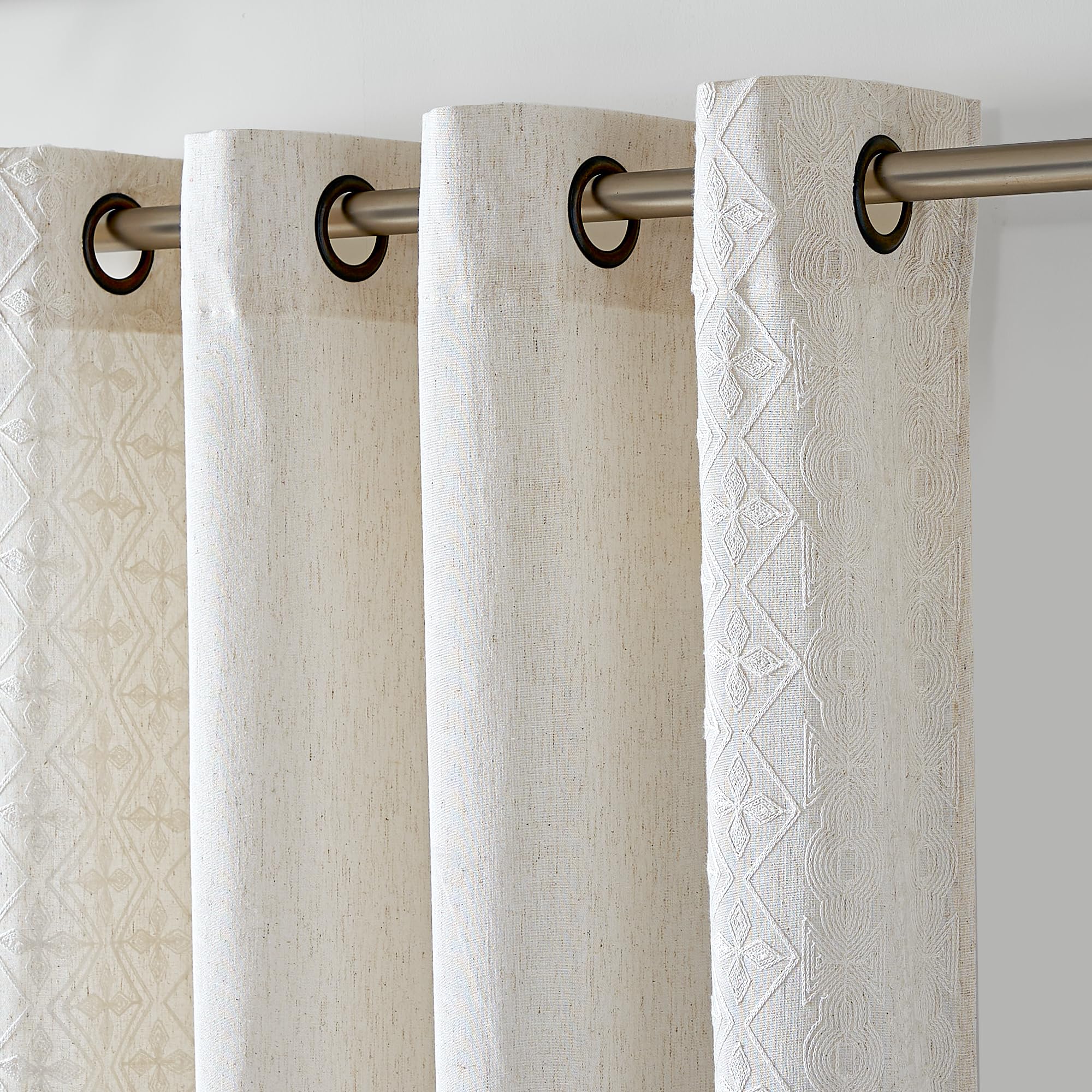PONY DANCE Leinenvorhang Halbtransparent Wohnzimmer Gardinen mit Ösen 2er Set H 245 x B 140 cm Creme+Stickerei-Creme, Leinenoptik Vorhänge mit Stickerei Boho Style Linen Curtains