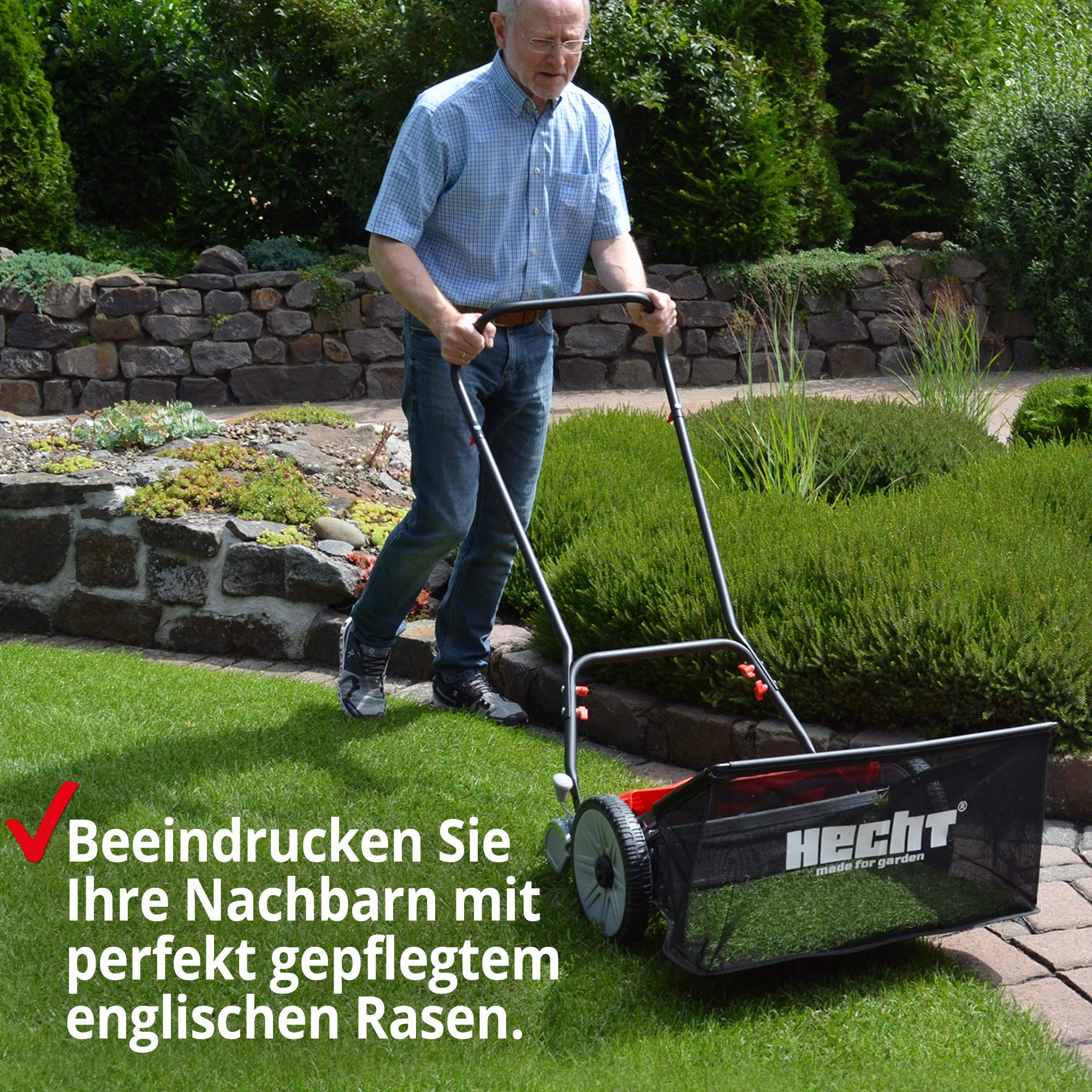 HECHT Spindelmäher 46 cm – mit 50 L Grasfangkorb | Handrasenmäher für englischen Rasen im Garten – leise und ohne Benzin, Strom oder Akku, inkl. Grasfangkorb