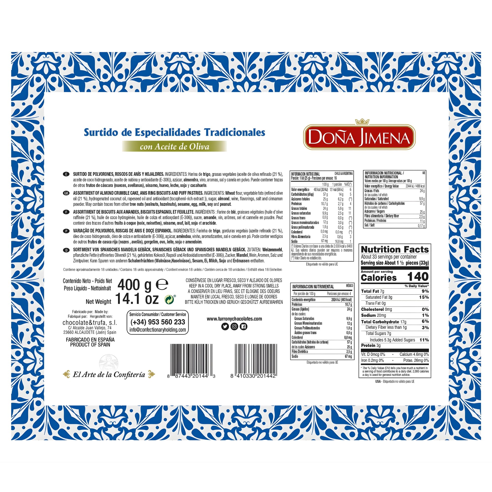 DOÑA JIMENA - Surtido Tradicional con Aceite de Oliva, Producto Vegano, Especialidades, Placer para compartir, 400grCalidad Suprema