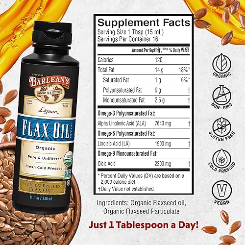 Miniatura 10 de Barleans Lignan - Aceite de linaza de semillas de lino prensadas en frío 7230 mg de ácidos grasos ALA Omega-3 para mejorar la salud del corazón
