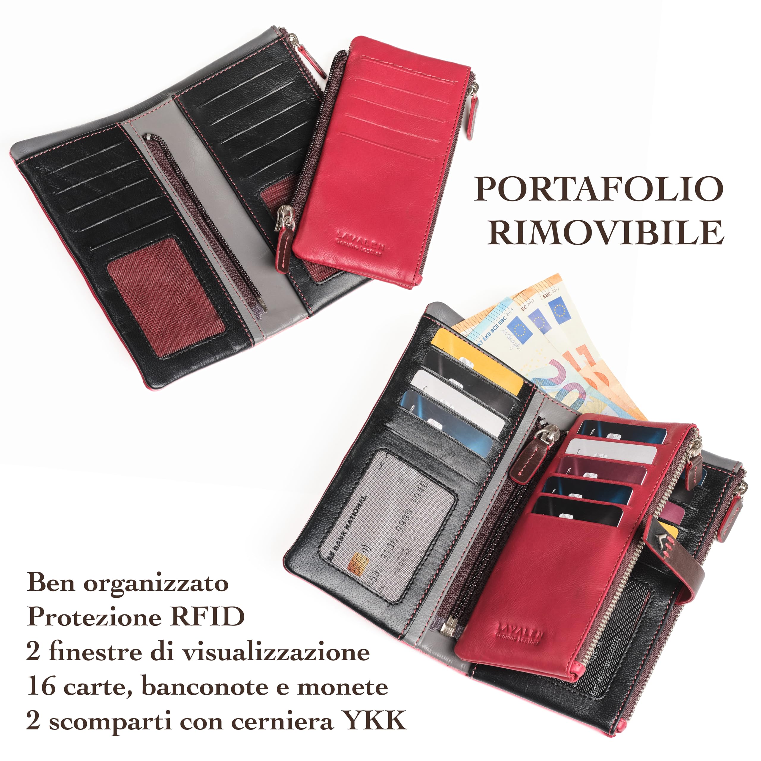 Portafoglio Donna Pelle Vera - Portamonete RFID Fatto a mano - Porta Tessere Firmato Rosso - Regalo Perfetto.