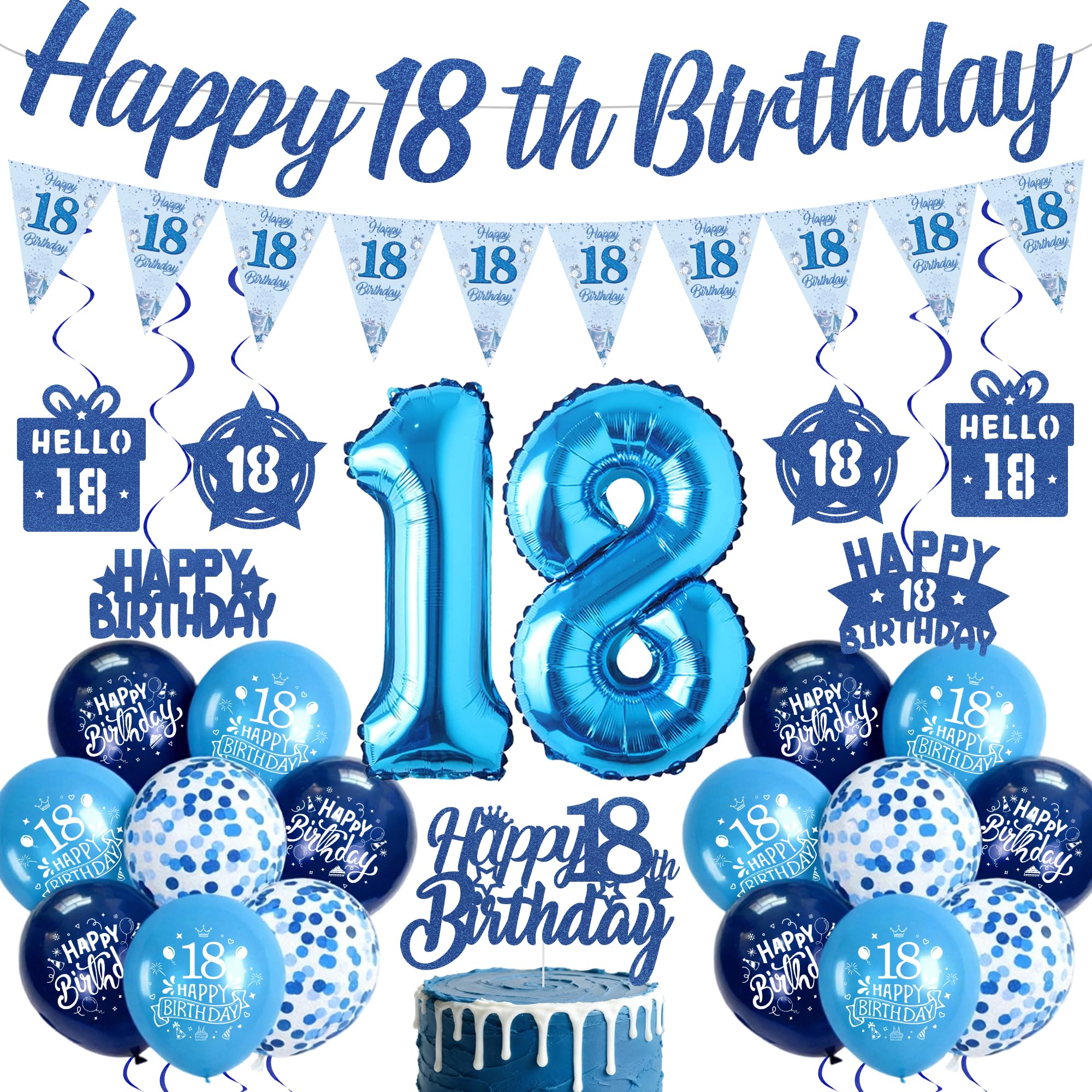 18th Birthday Decorations for Boys, Blue 18 Years Old Party Supplies