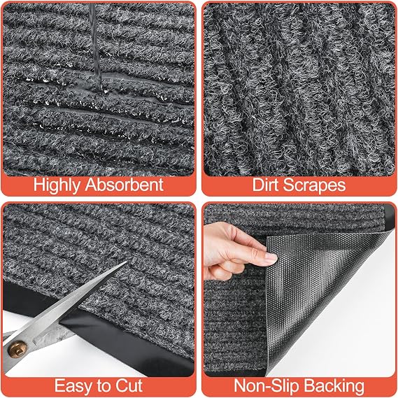 MYFAMIREA Commercial Floor Mat 3' x 5' Extra Large Front Door Industrial Rug Heavy Duty Brush Step Entrance Mat Weather Utility Rug with Non Slip Rubber Backing Low Profile for Entryway, Charcoal Grey