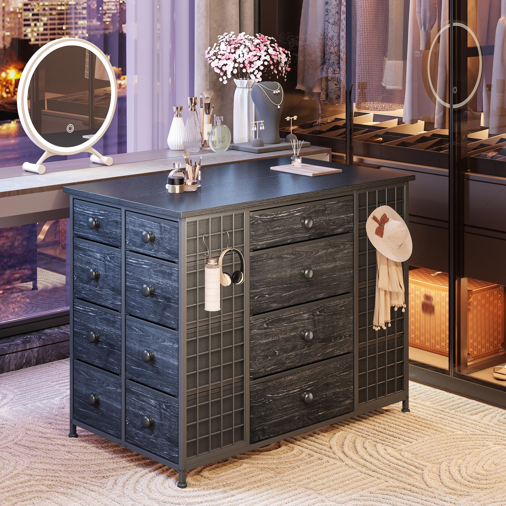 EnHomee 24 Drawers Black Dresser with 4 Wheels, Closet Island with Hooks