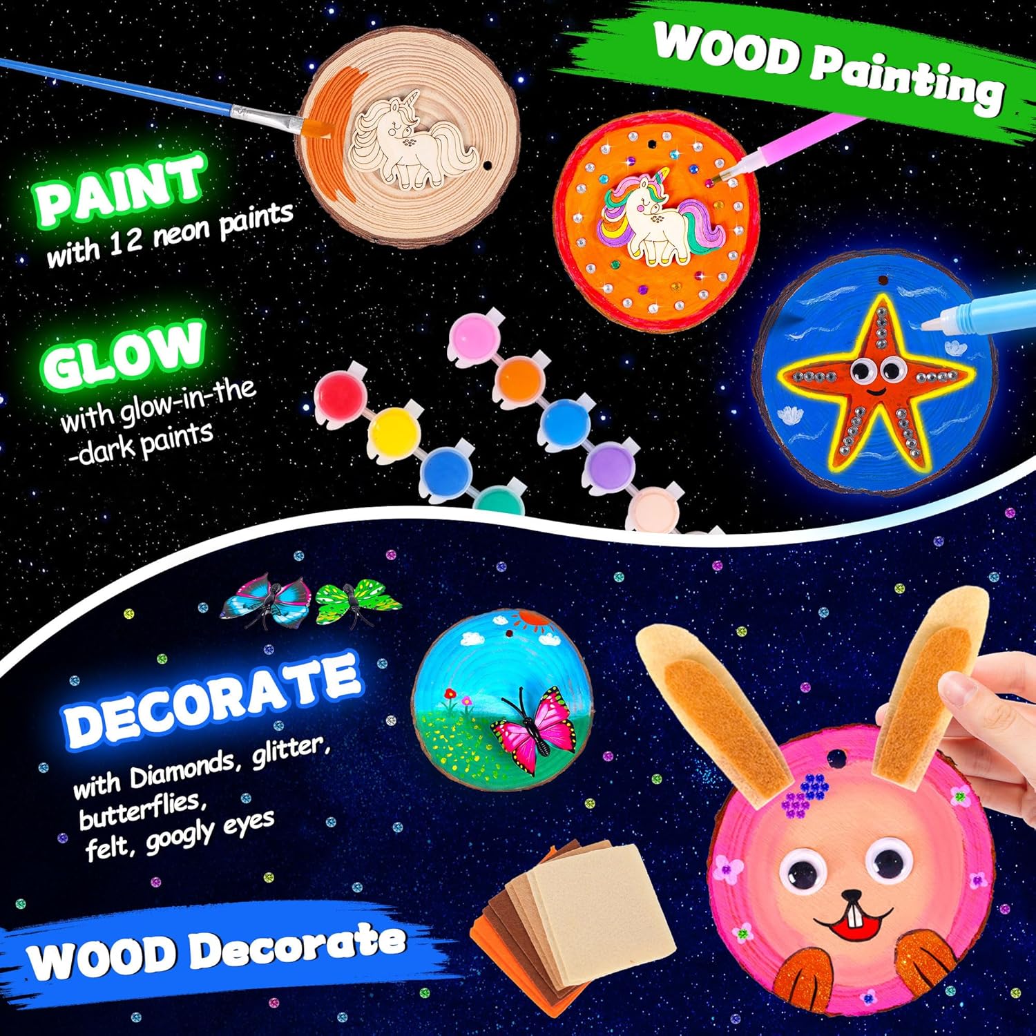 Kids Wooden Painting Kit, Glow in The Dark Paint Kit, Arts and Crafts Birthday Party Gifts for Kids Ages 8-12, Creative Art & Craft Activity Kits Toys for Boys Girls 6 7 8 9 10 12 Year Old