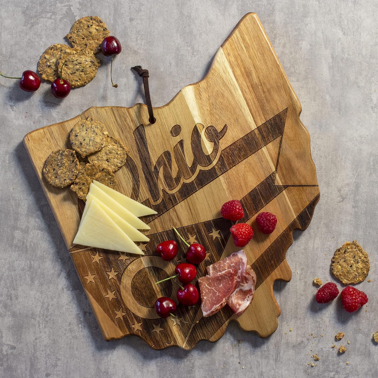 Totally Bamboo Rock & Branch Origins Series Ohio State Shaped Cutting Board and Charcuterie Serving Tray, Includes Hang Tie for Wall Display - Image 3
