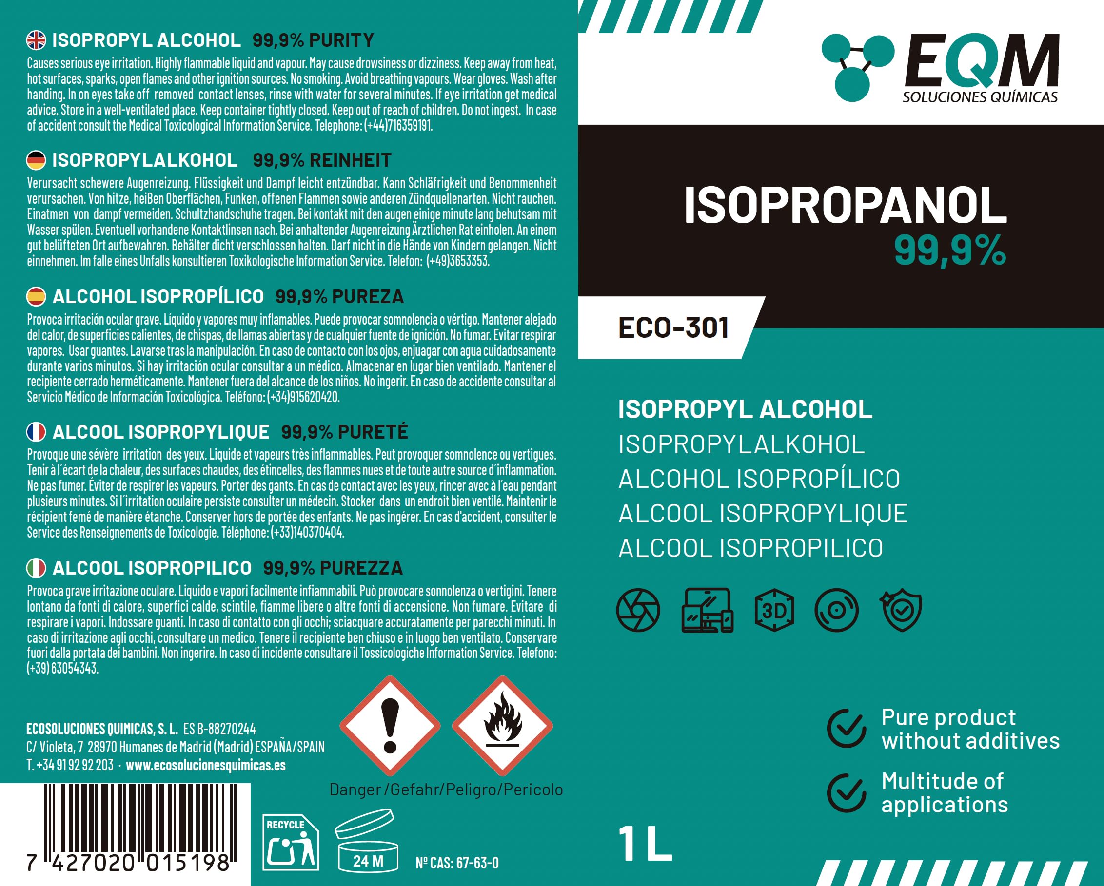 EQM - ECO-301 - Alcool Isopropylique Pur à 99,9% - 3x1L - Nettoyage de composants électroniques, objectifs et écrans - Nettoyage des résines d'impression 3D