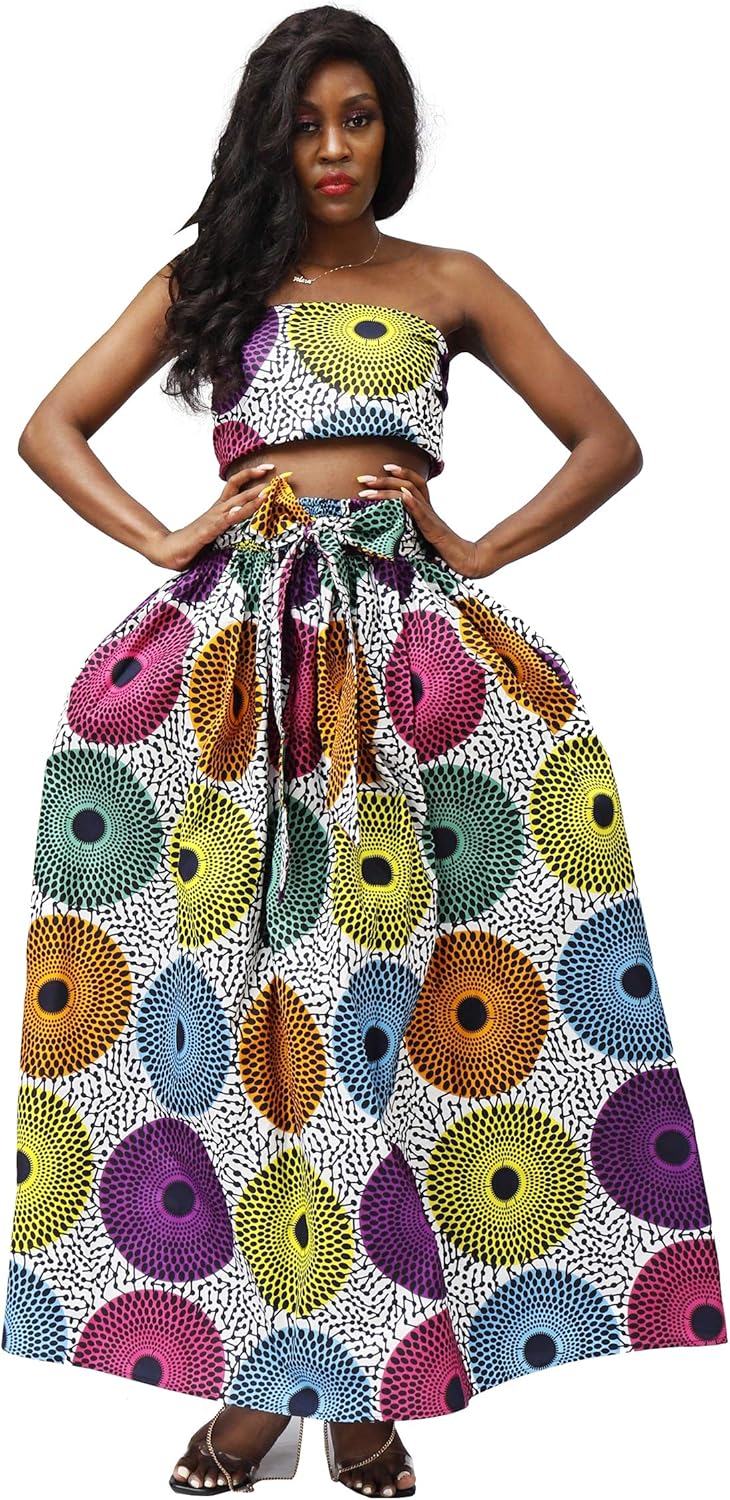 SHENBOLEN Women African Print Skirt Kente Traditional Wax Print Adjustable Strap Maxi Skirt - Image 2