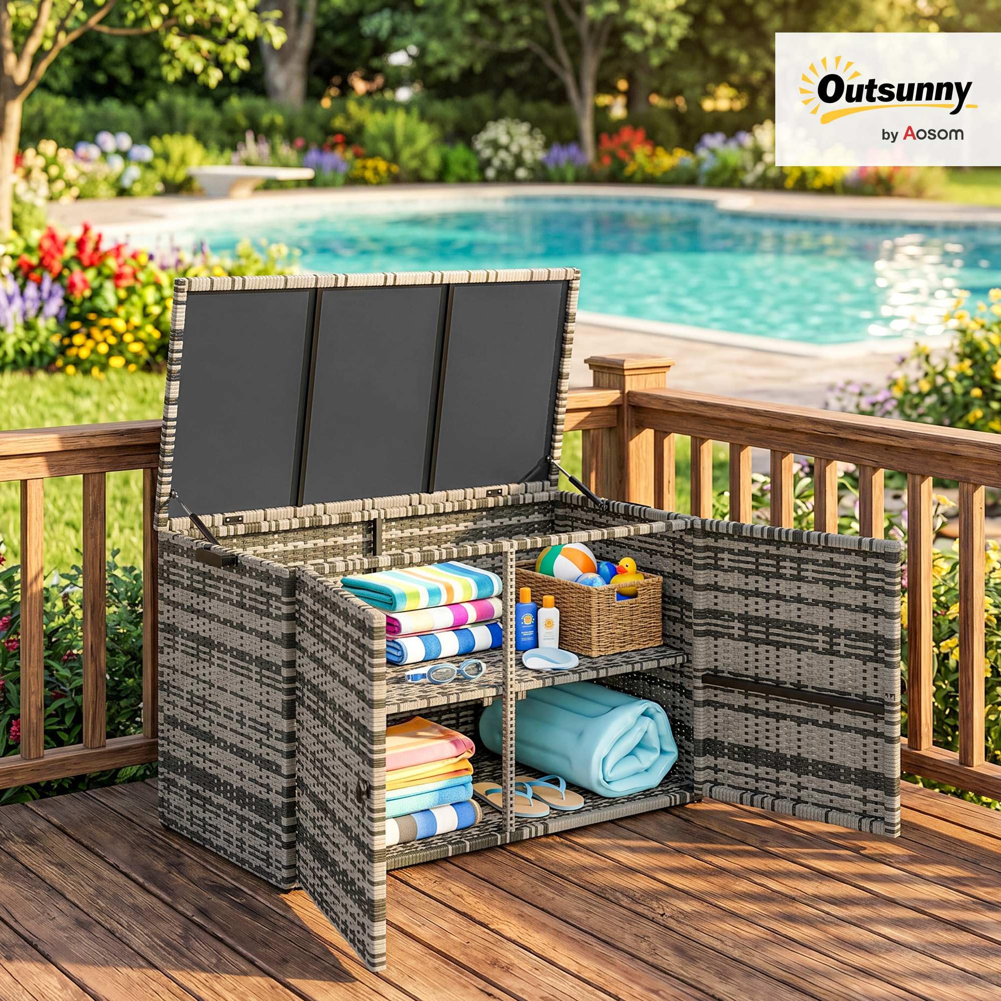 Outsunny Rattan Auflagenbox 350L 2-Ebenne wetterfest Kissenbox mit Deckel Hebestangen Tragegriffe UV-beständig Gartenbox Aufbewahrungsbox Gartentruhe für Garten Terrasse Balkon 118x57x69 cm Mischgrau