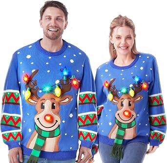 JOYIN Ugly Christmas Sweater Women Men Couples, LED Light Up Ugly Christmas Sweater Kids 2025 ReindeerBlue