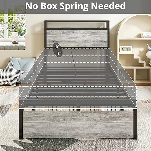 Miniatura 26 de LIKIMIO Base de cama individual con cajón, cabecera de almacenamiento con tomas, no necesita somier, fácil montaje, marrón oscuro Marrón oscuro,Gris