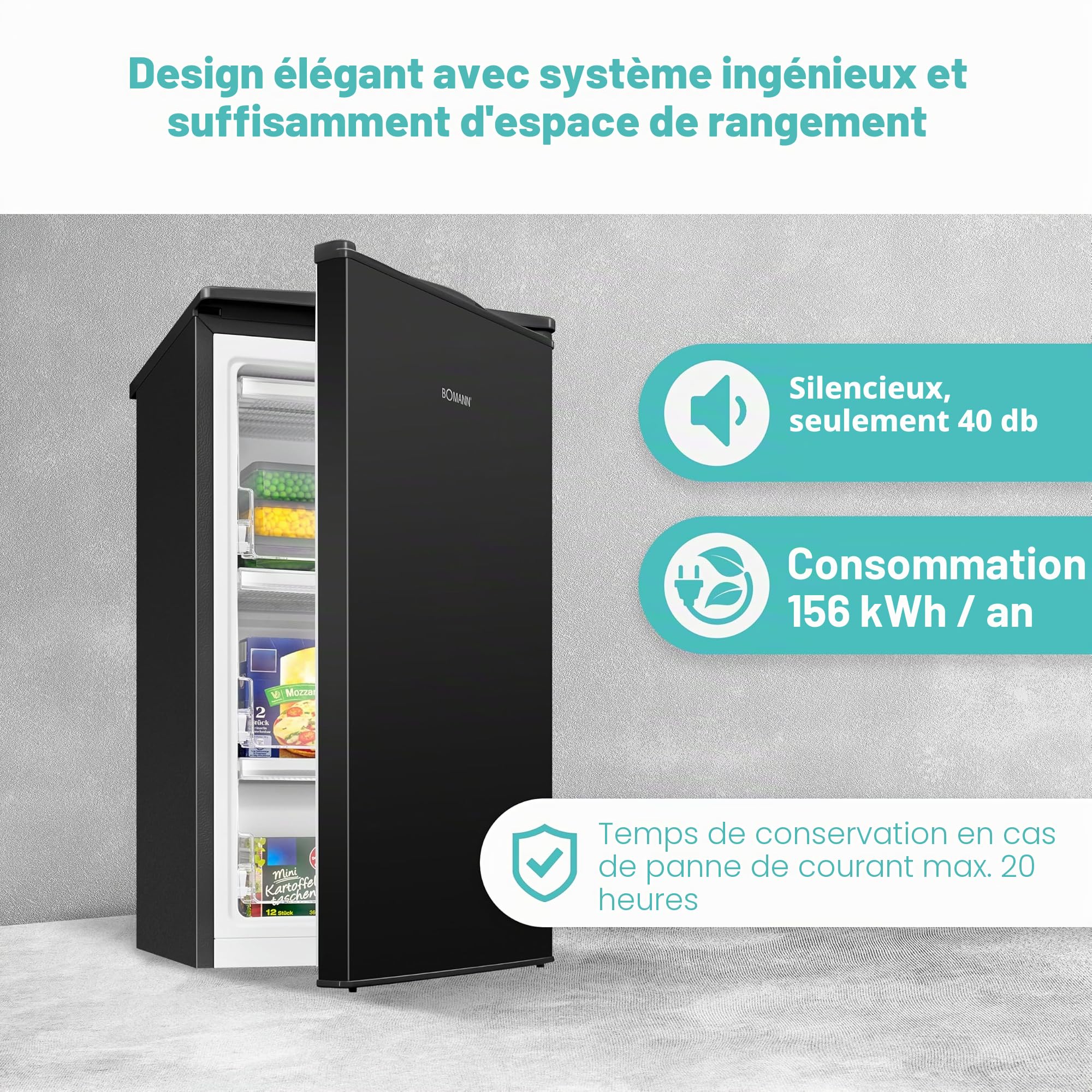 Bomann® Petit congélateur | Congélateur 4 étoiles | Congélateur 3 compartiments | Silencieux | ≤ -18 °C | Butée de porte interchangeable | Mini Freezer 60 L | Petit congélateur | GS 7256 noir