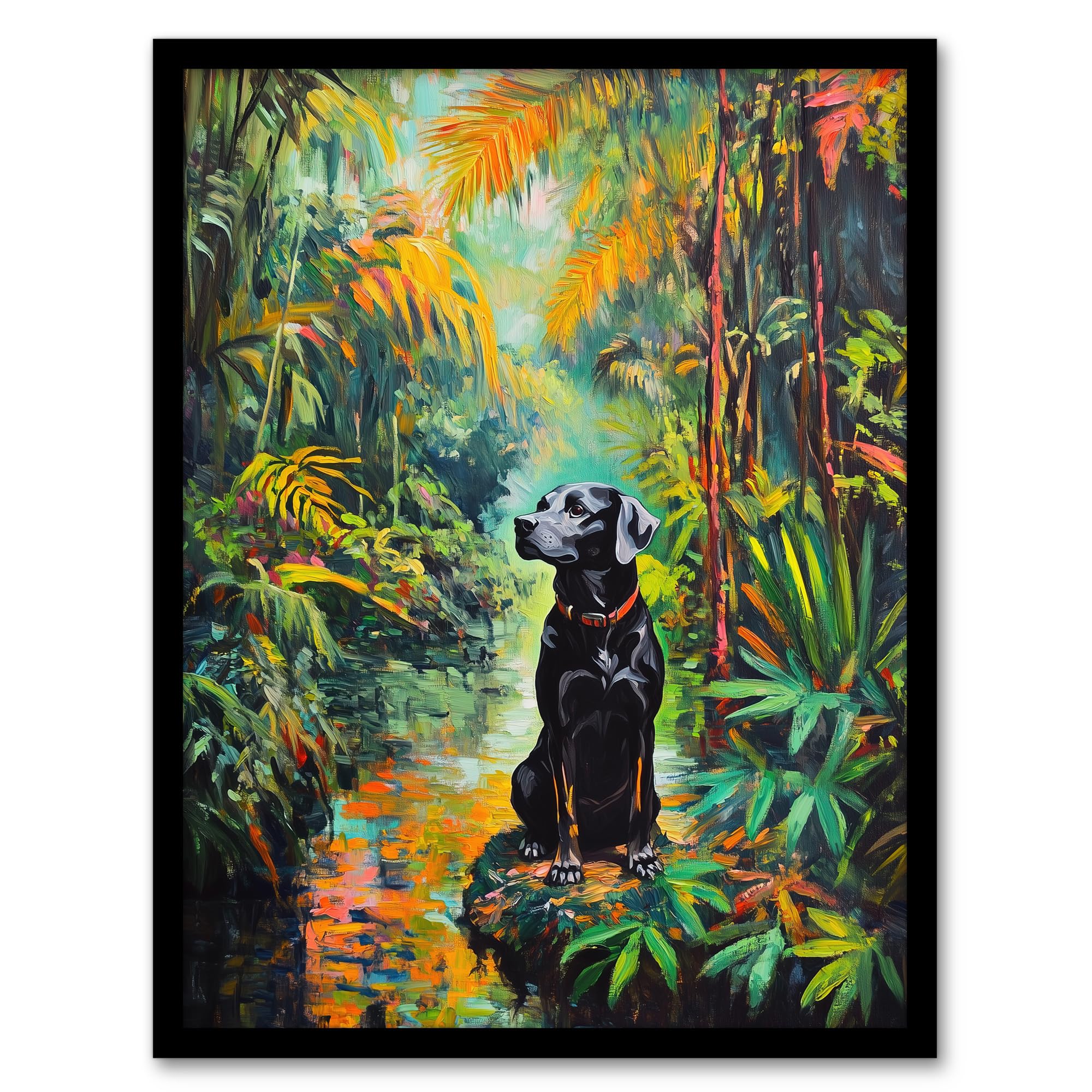 Artery8 Dog Lover Black Labrador Pet In Lush Forest Living Room Artwork Framed Wall Art Print A4