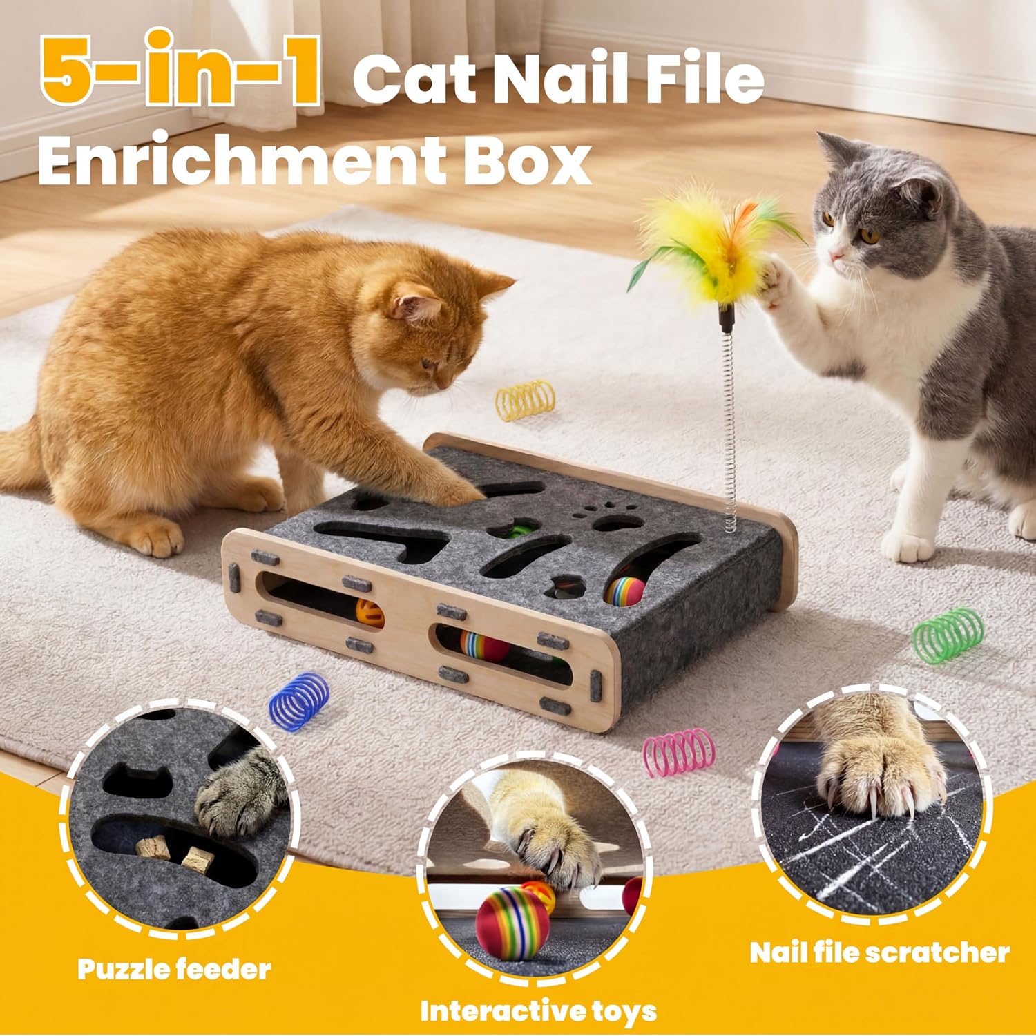 5-in-1 cat nail file scratcher Enrichment Box - interactive cat toys for indoor cats, Large felt cat puzzle feeder with replaceable sandpaper, Includes 6 balls ,4 spring toys,and feather toy(grey) image 2