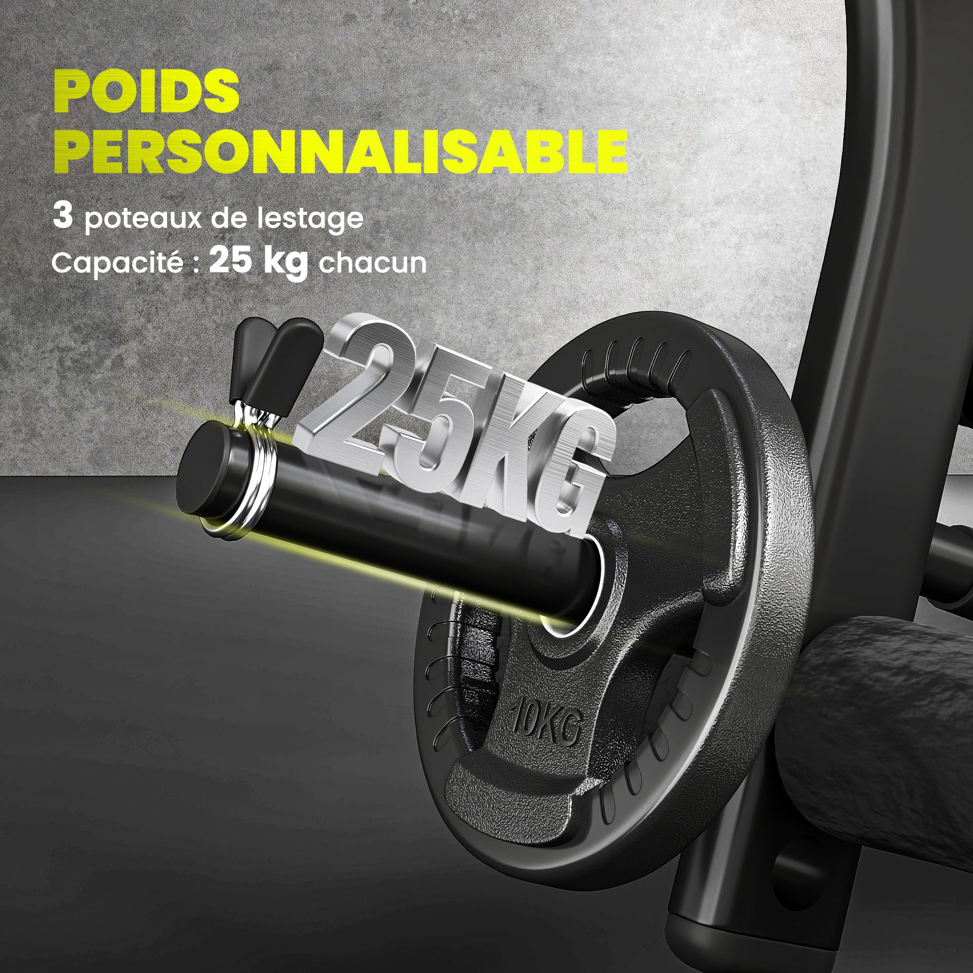 HOMCOM Banc de musculation Fitness entrainement complet dossier réglable cordes traction curler supports barre et haltères noir et jaune