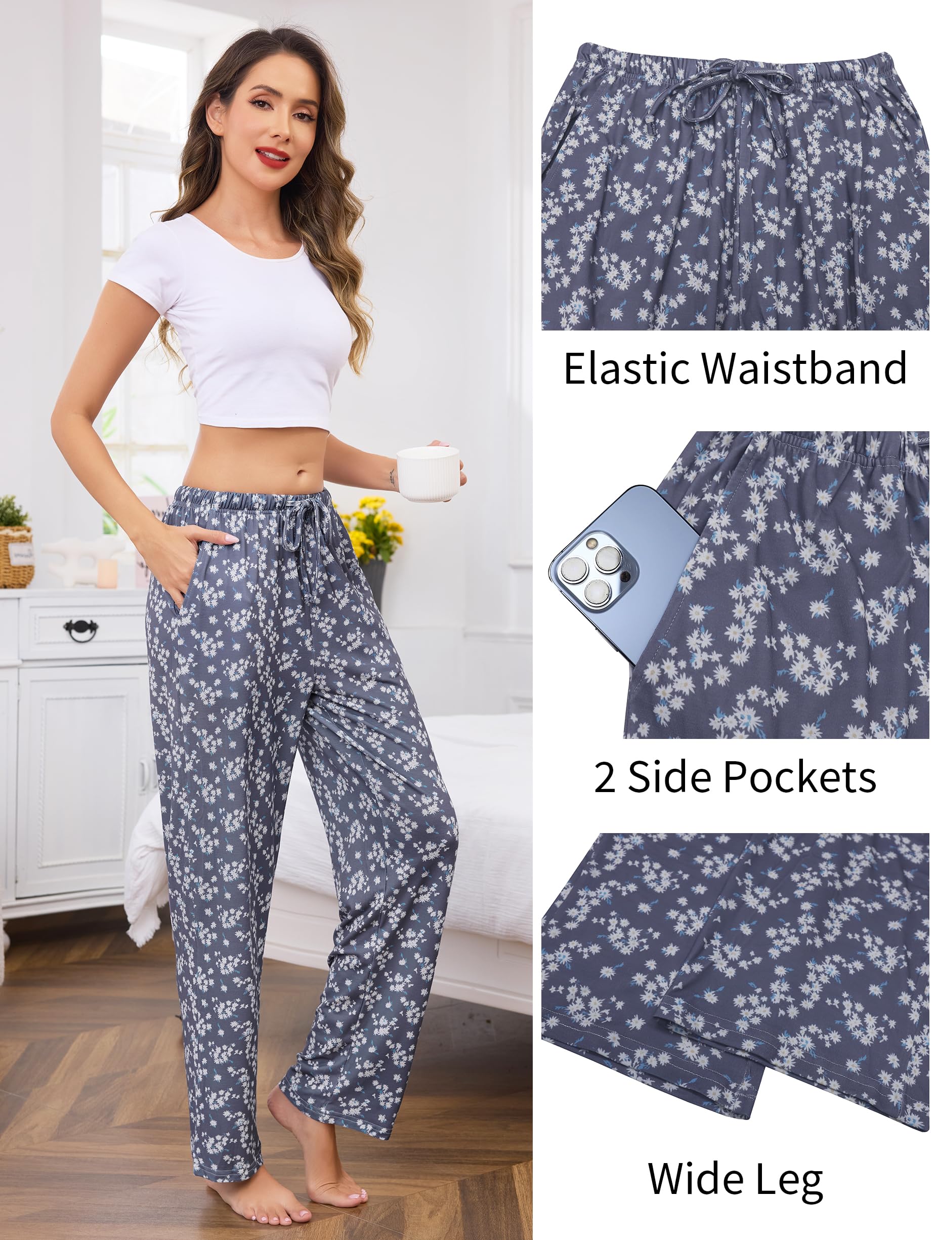 Vlazom Pantaloni Lunghi da Notte Donna in Cotone Morbidi con Stampa Elegante e Caduta Naturale