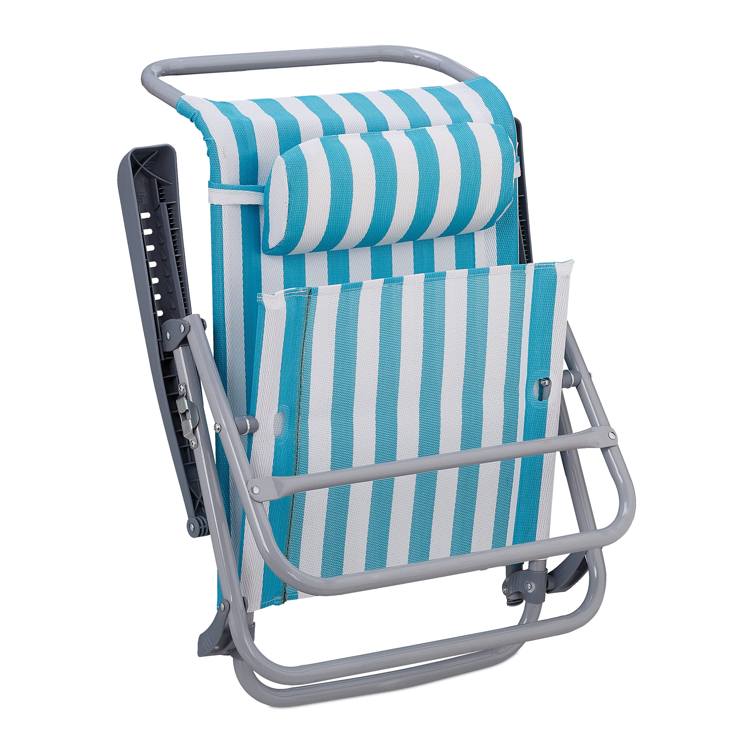 Relaxdays Sedia Sdraio Pieghevole, Regolabile su 8 Livelli, Poggia-Testa Braccioli e Apribottiglie Laterale, Blu Bianco