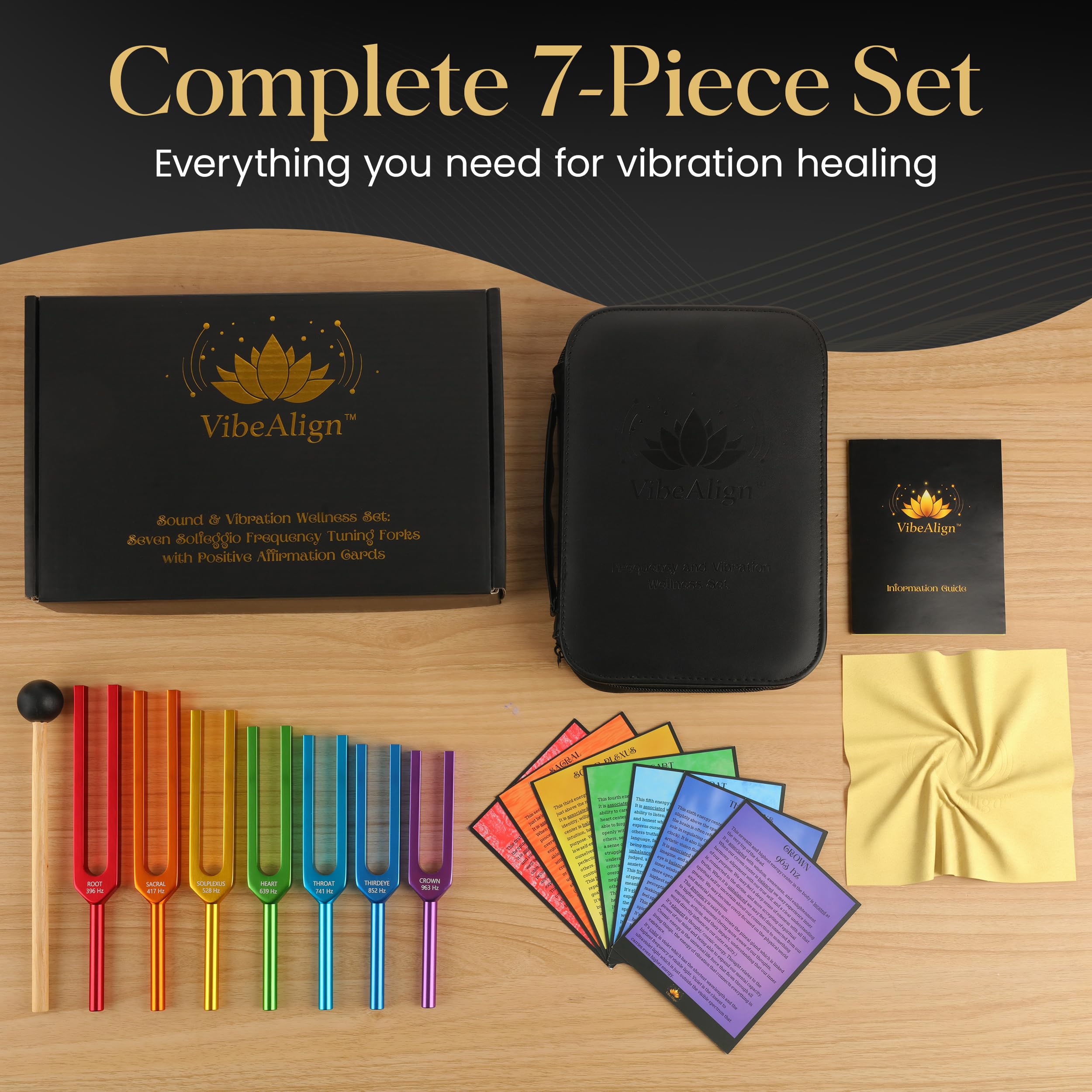 Stimmgabel-Set mit positiven Bestätigungskarten für Vibration und Frequenz Wellness, 7-teiliges Solfeggio-Frequenz-farbcodierte Klanginstrumente mit Schutzhülle, Schlägel, Tuch und Anleitung