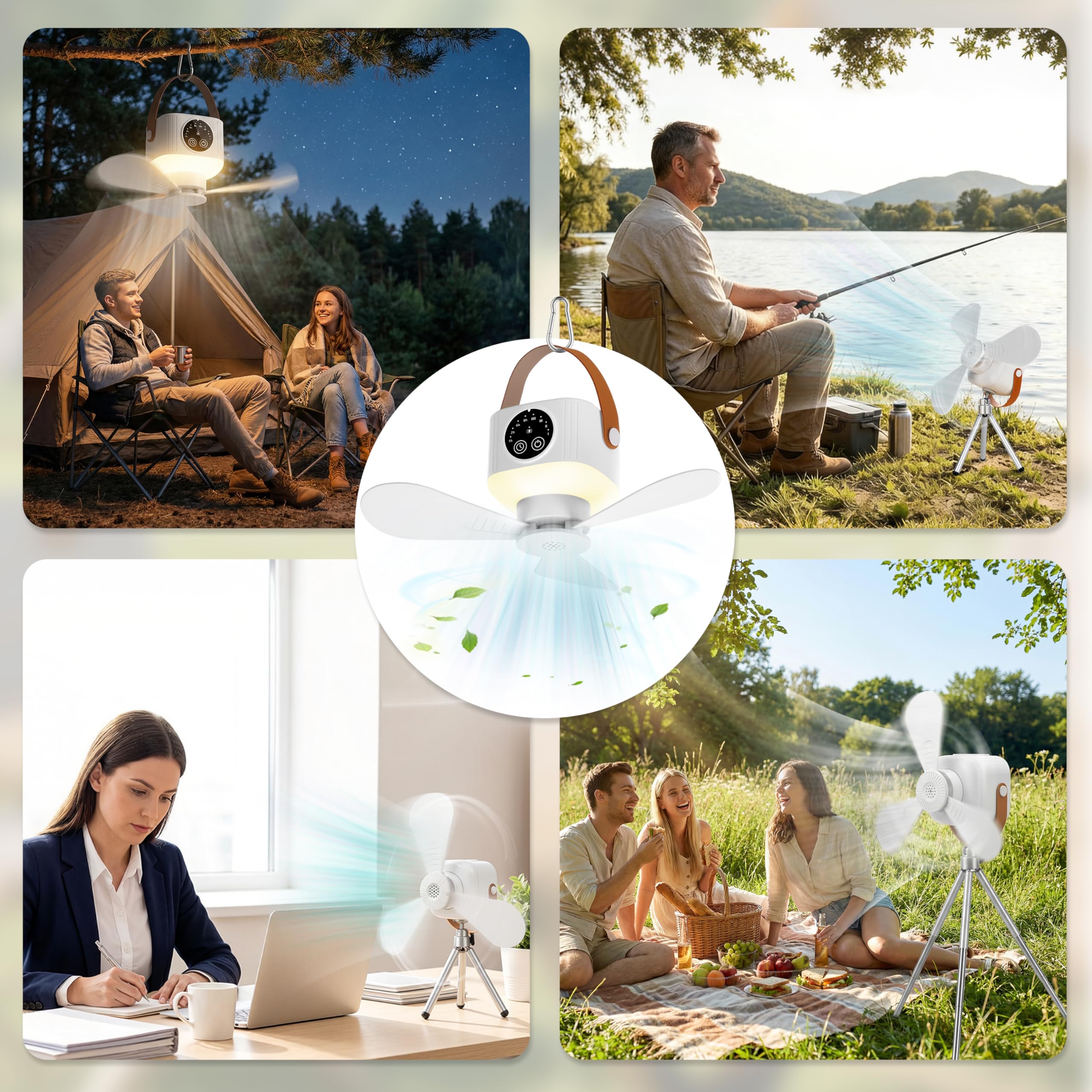 IEEILULU 8000 mAh Ventilateur Plafond Avec Lumiere, L'intérieur Et L'extérieur 35dB Silencieux Ventilateur Portable Rechargeable, Camping 3 in 1 Tischventilator, Ventilateurs De Plafond Et Portable