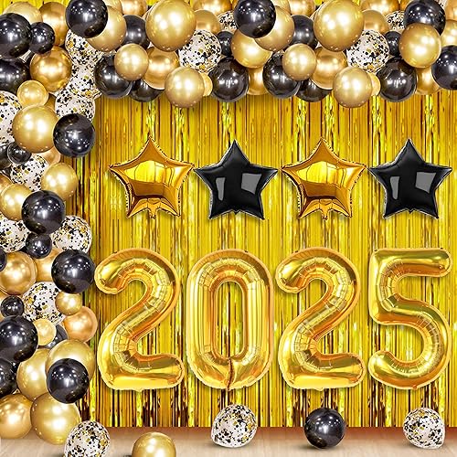 KatchOn, Suministros para fiesta de Año Nuevo 2025 – Juego enorme, paquete de 86 | Kit de arco de globos negro y dorado 2025 con telón de fondo de