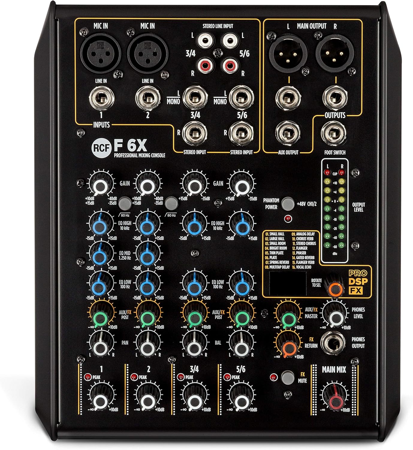 Top-down view of the RCF F-6X mixer's control panel with all knobs and inputs labeled.
