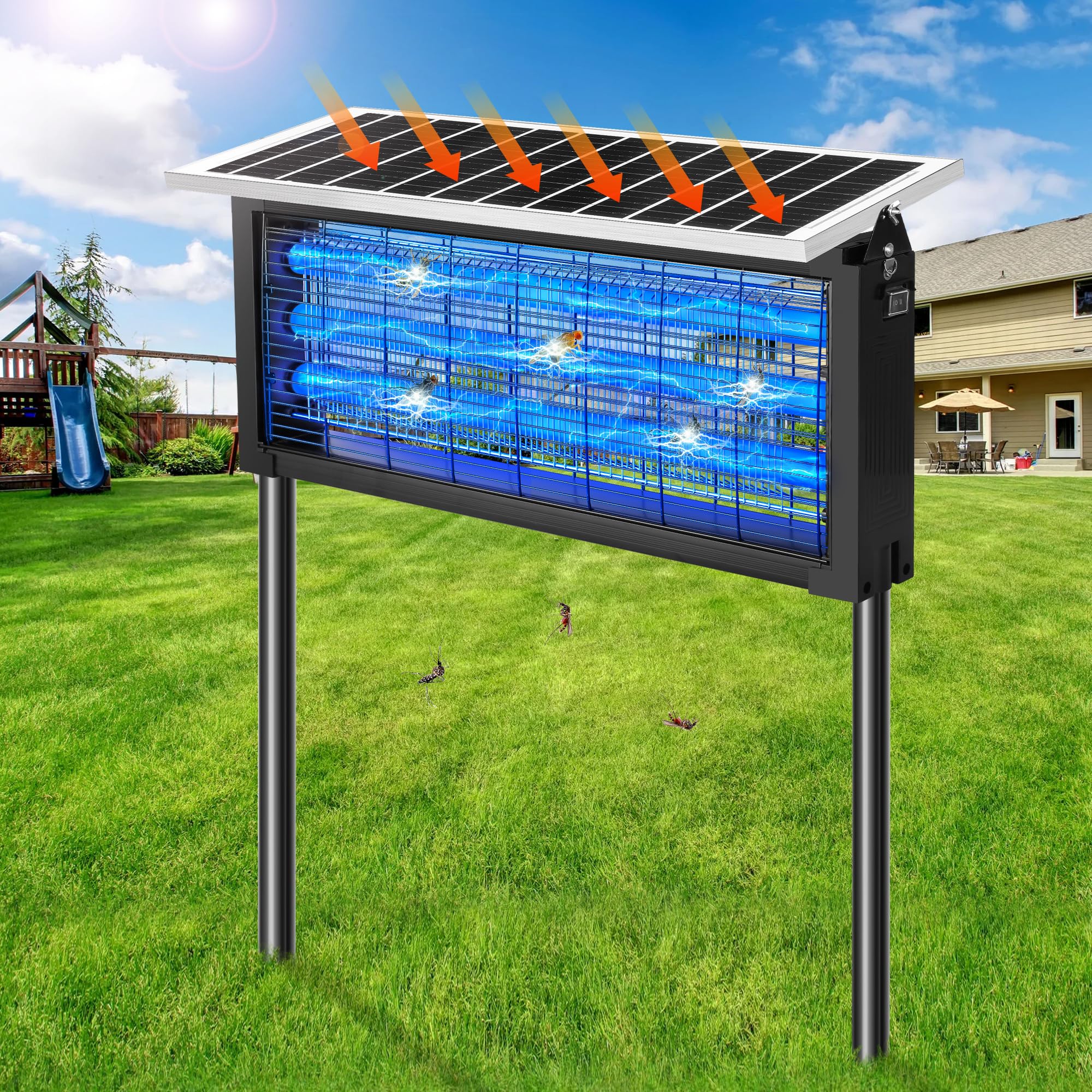 Matamoscas solar para exteriores, matamoscas eléctrico de mosquitos de 30 W, impermeable, inalámbrico, funciona con energía solar, para patio, jardín, patio, caravana, camping, estanque