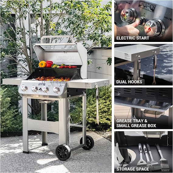 Monument Grills 4-Burner Liquid Propane Gas Grill, Silver Stainless Steel Grill Patio Garden Barbecue Grill with Clearview Lid and One Foldable Shelf, Mesa400MF with BBQ Cover