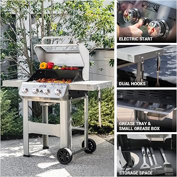 Monument Grills 4-Burner Liquid Propane Gas Grill, Silver Stainless Steel Grill Patio Garden Barbecue Grill with Clearview Lid and One Foldable Shelf, Mesa400MF with BBQ Cover