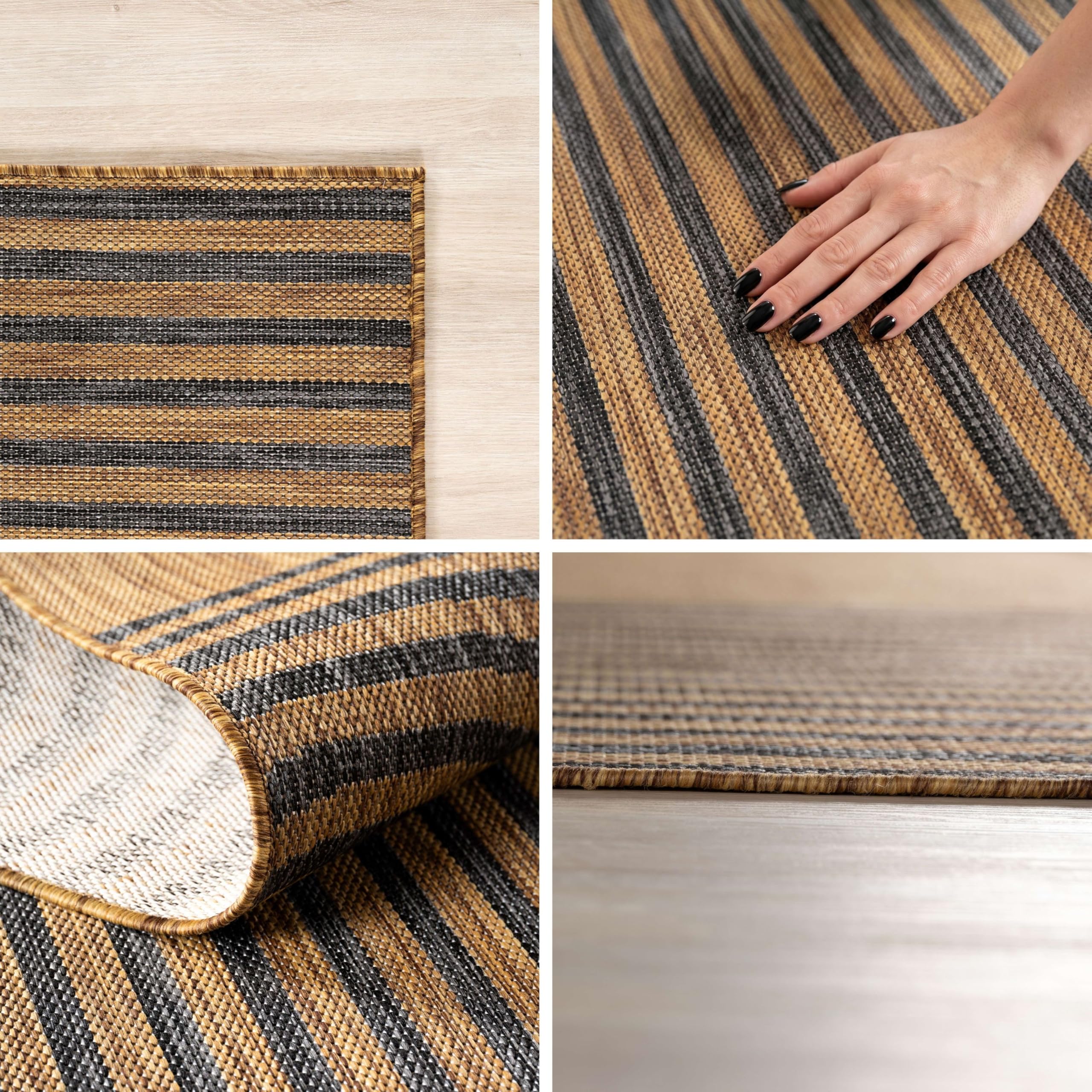 HomebyHome Outdoor Teppich Schwarz Natur Jute Optik Rund 200 cm Balkon Terrasse Garten Wetterfest UV-beständig Groß XL Boho Design Flachgewebe Pflegeleicht Robust Modern