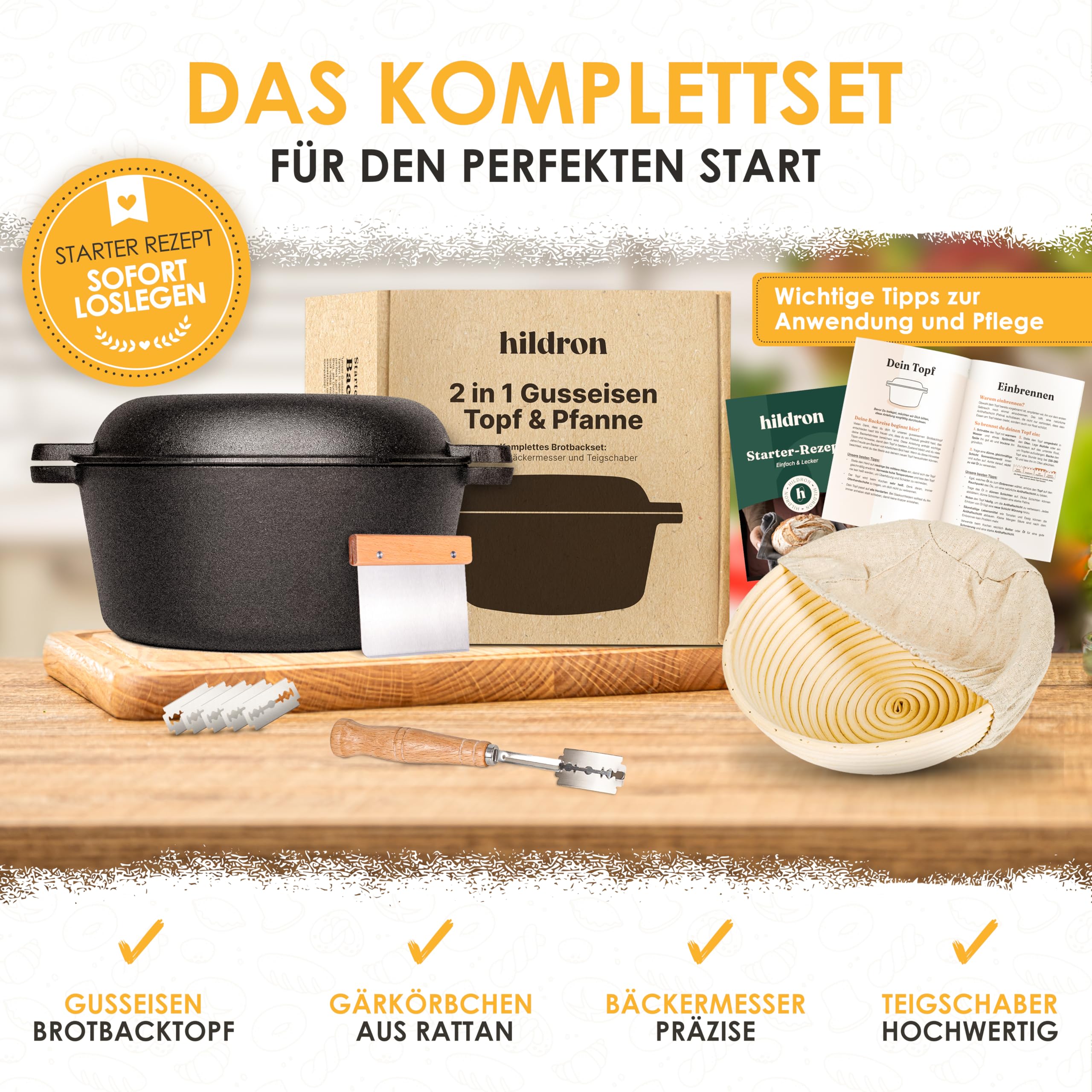 Gusseisen Topf Brot Backen inkl. Gärkorb, Bäckermesser & Teigschaber - 26cm Brotbackform mit Deckel - Komplettes Brotbackset - Idealer Brottopf zum Backen, Brotbacktopf, Brot Backen Zubehör