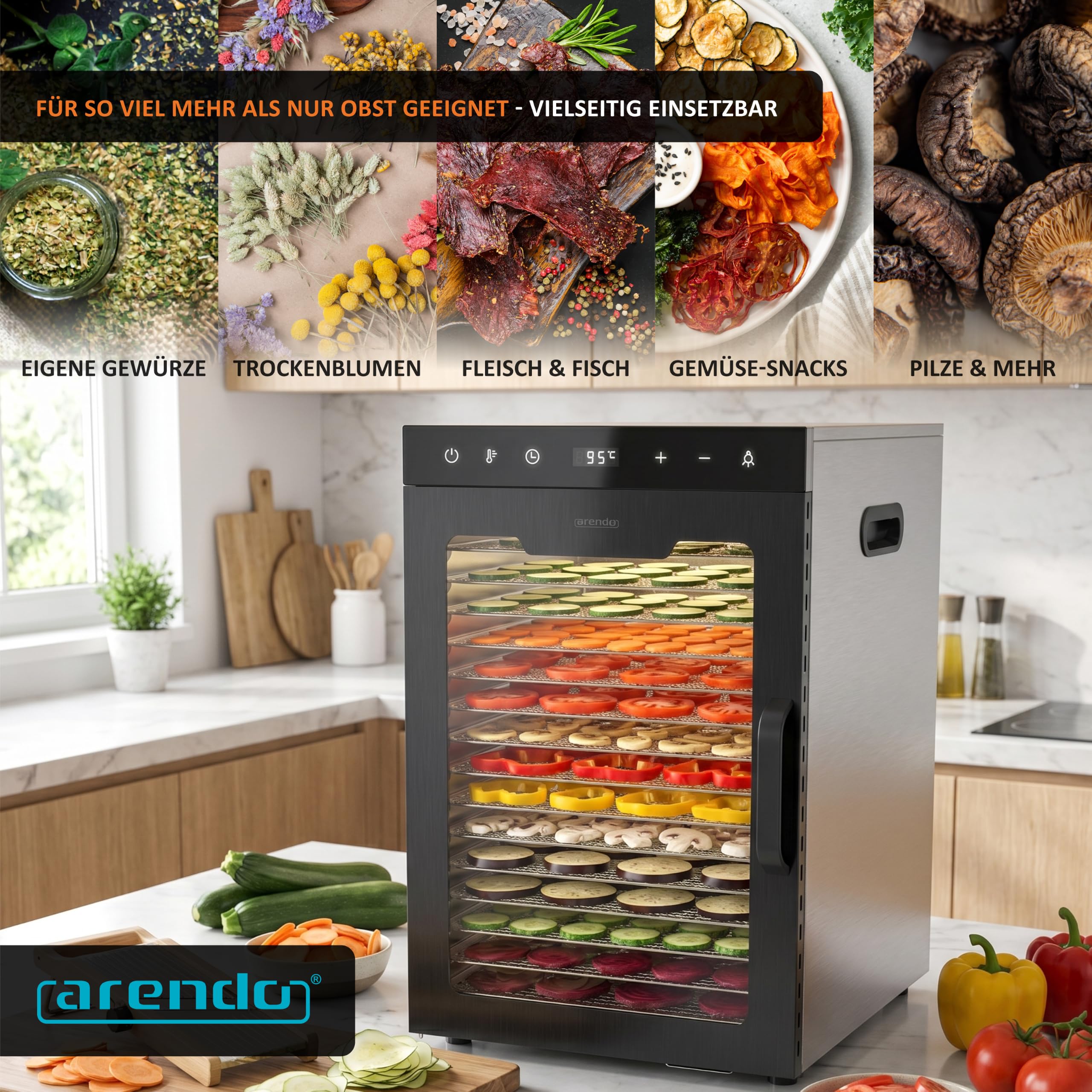 Arendo - Dörrautomat Edelstahl mit 16 Edelstahlgitter - 1000 Watt - 13400 cm² - 8 Programme - Dörrgerät Dehydrator Obsttrockner Dörrapparat - Obst Fleisch Pilze uvm - LED Touch Control