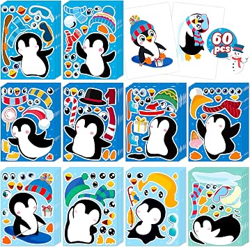 60Sheets Winter Stickers Crafts for Kids - Make-A-Penguin Face Sticker- Holiday Gifts Christmas Goodie Bag Stuffer School Classroom Activity Games Party Favors Small Size