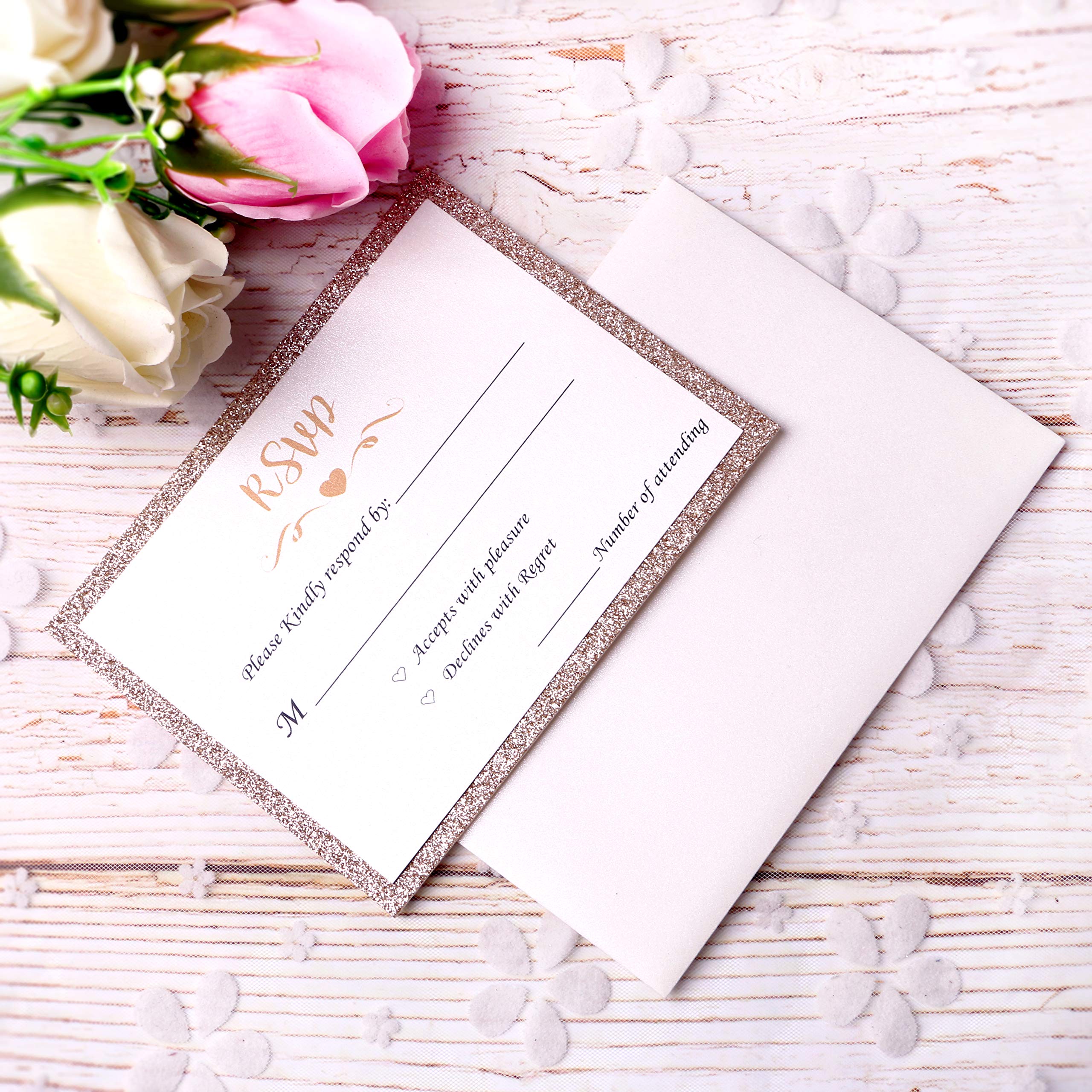 ponatia 25 Pieces/Pack Gold Glitter Printed RSVP Cards with Envelopes